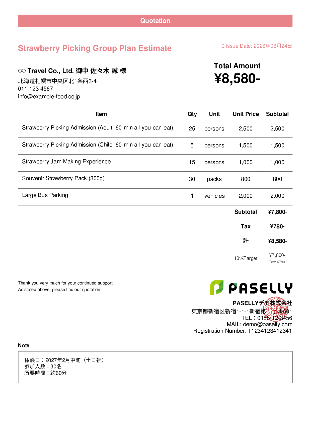 Agritourism Group Plan Estimate - Casual