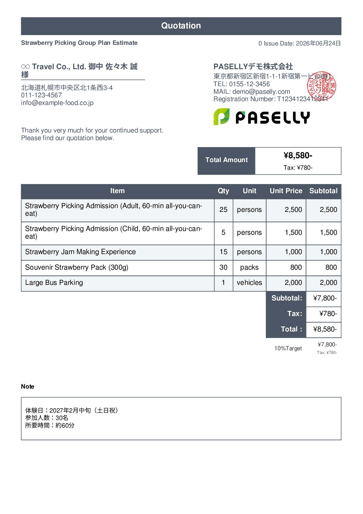 Agritourism Group Plan Estimate - Standard 1
