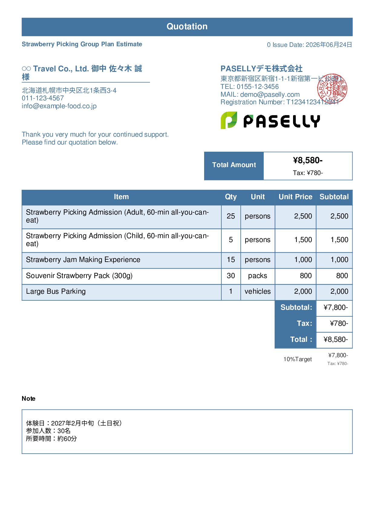 Agritourism Group Plan Estimate - Standard 1