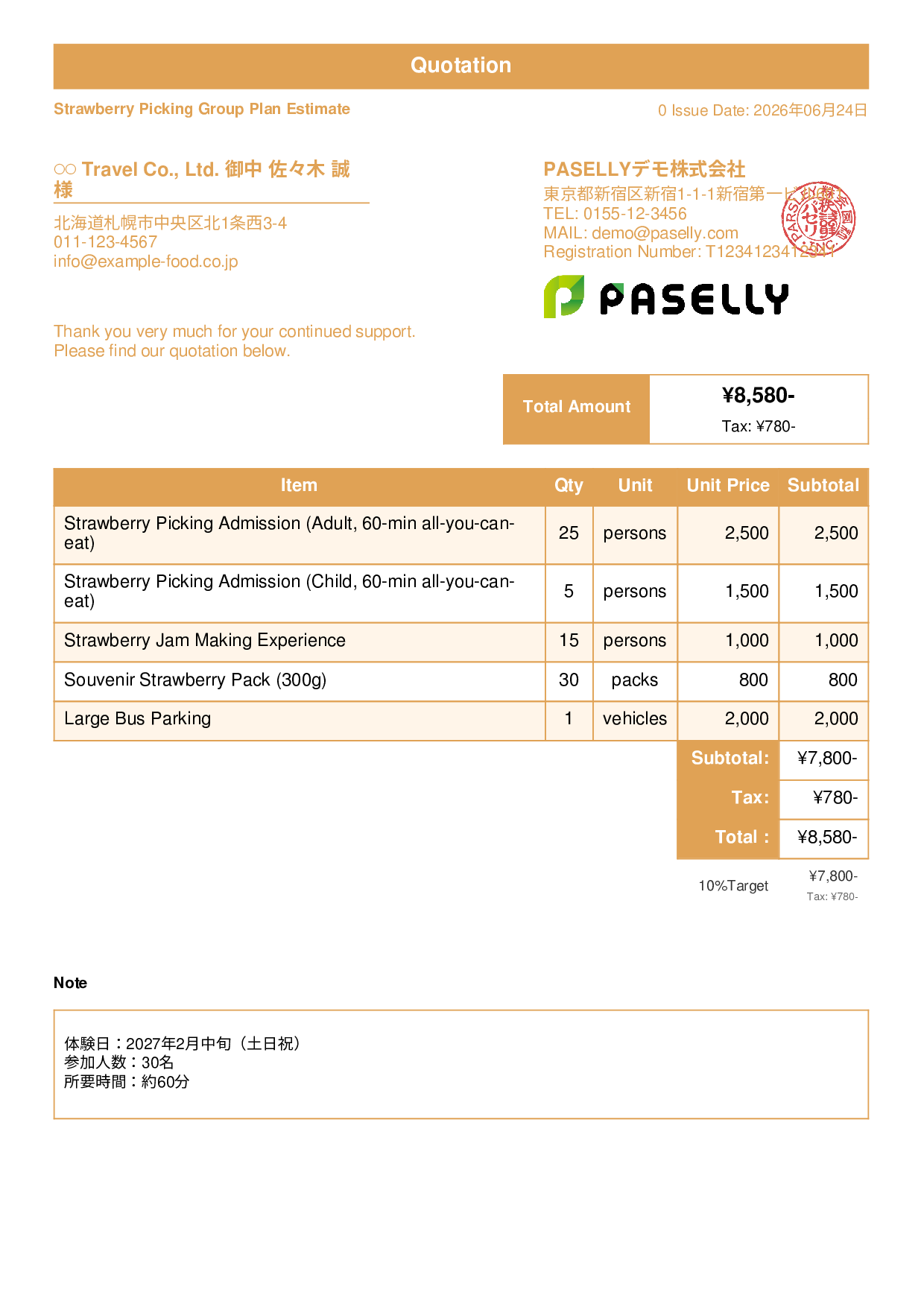 Agritourism Group Plan Estimate - Standard 1