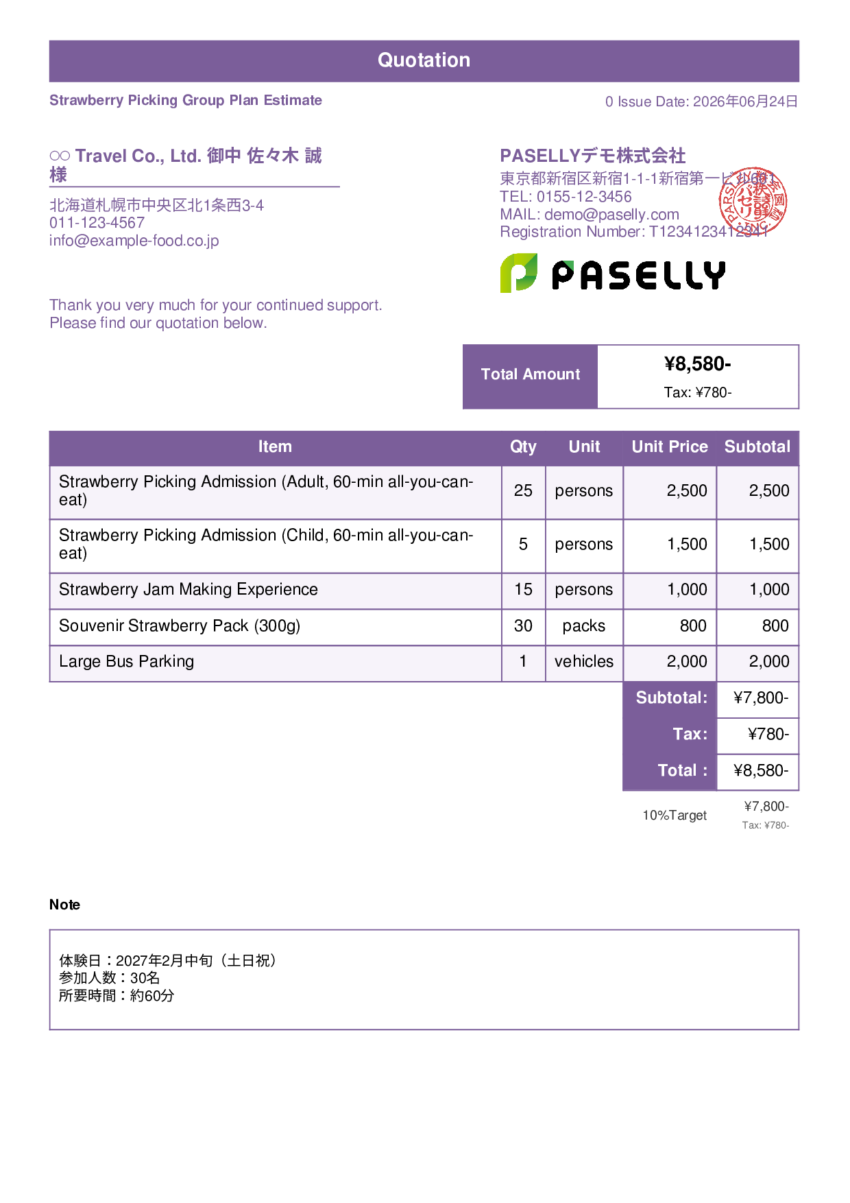 Agritourism Group Plan Estimate - Standard 1