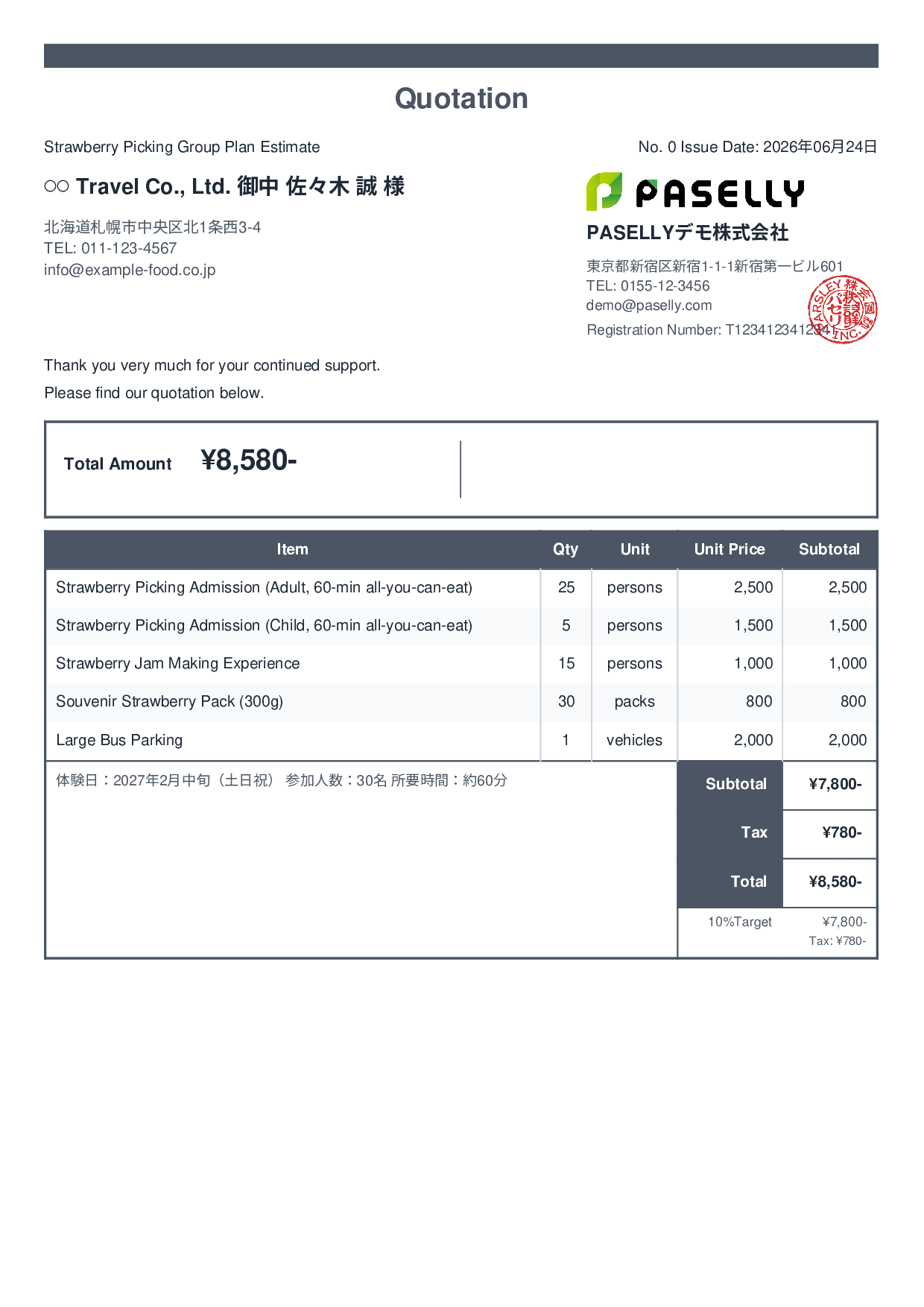 Agritourism Group Plan Estimate - Standard 2