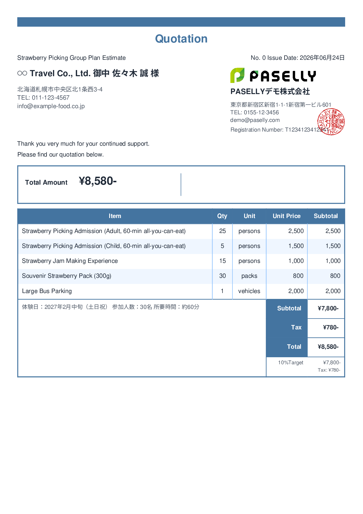 Agritourism Group Plan Estimate - Standard 2