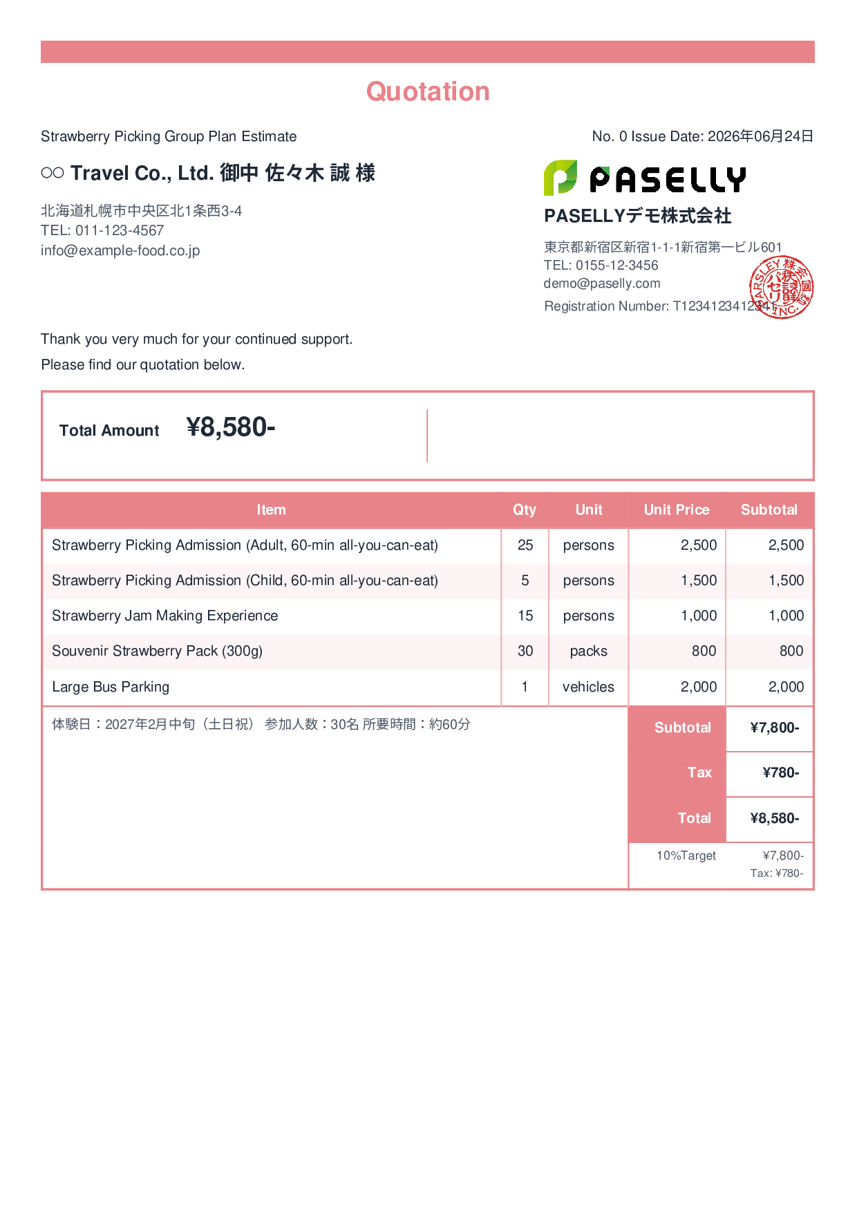 Agritourism Group Plan Estimate - Standard 2