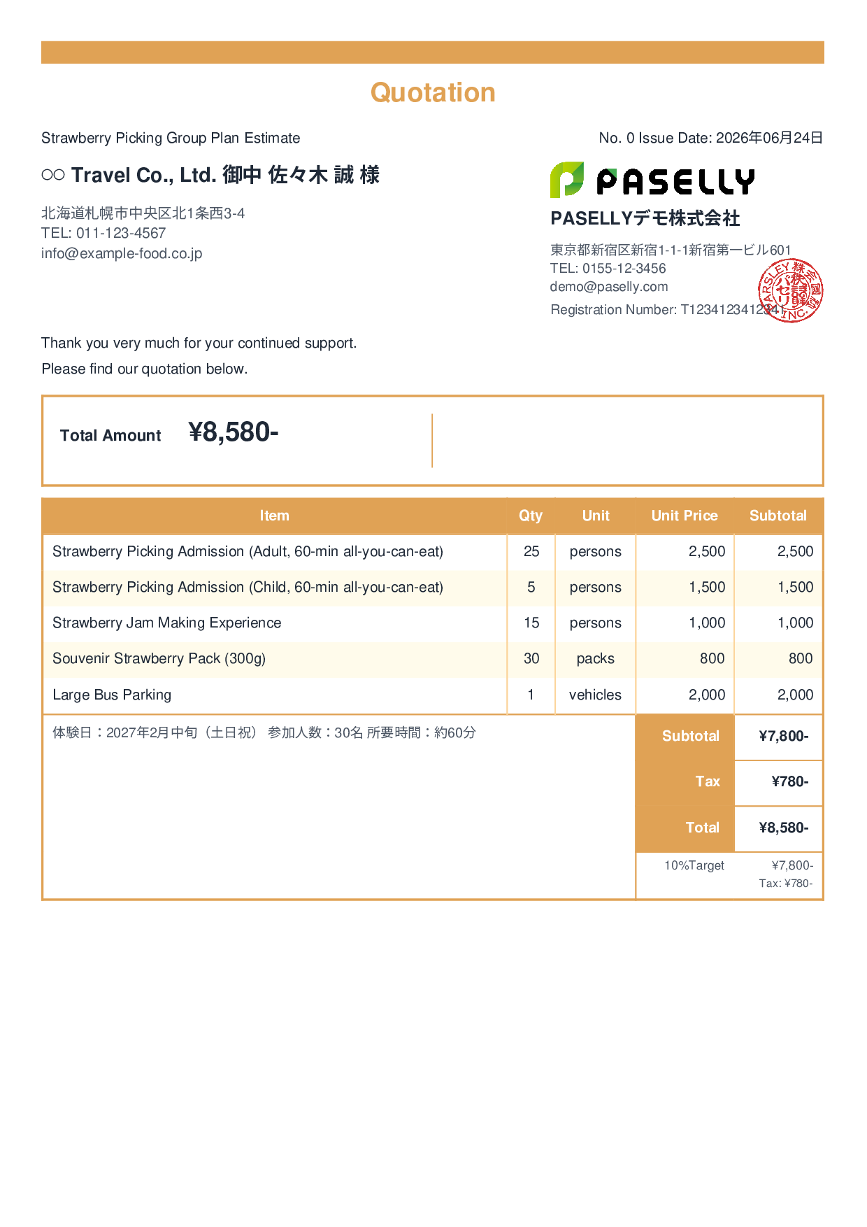 Agritourism Group Plan Estimate - Standard 2
