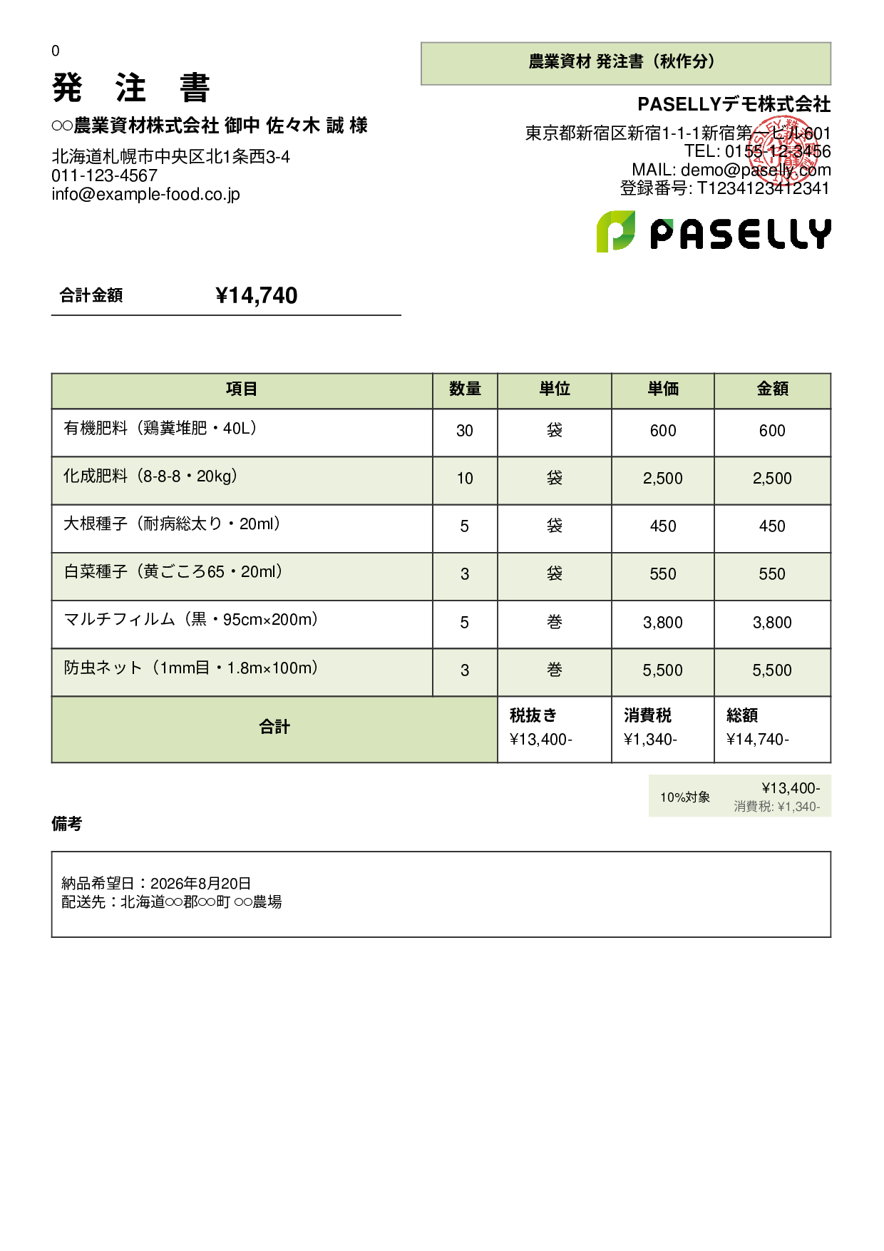 農業 資材発注書 - パネル