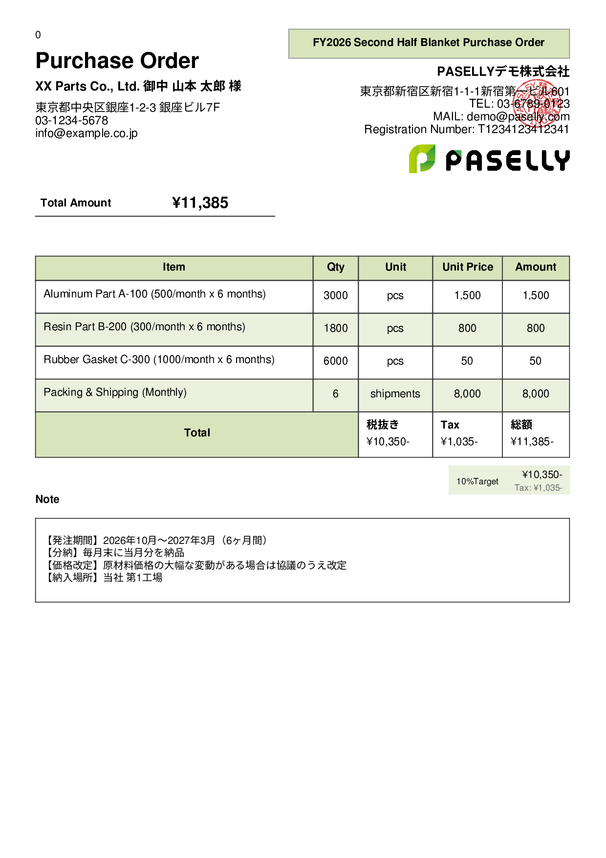 Blanket Purchase Order (Standing Order) - Panel