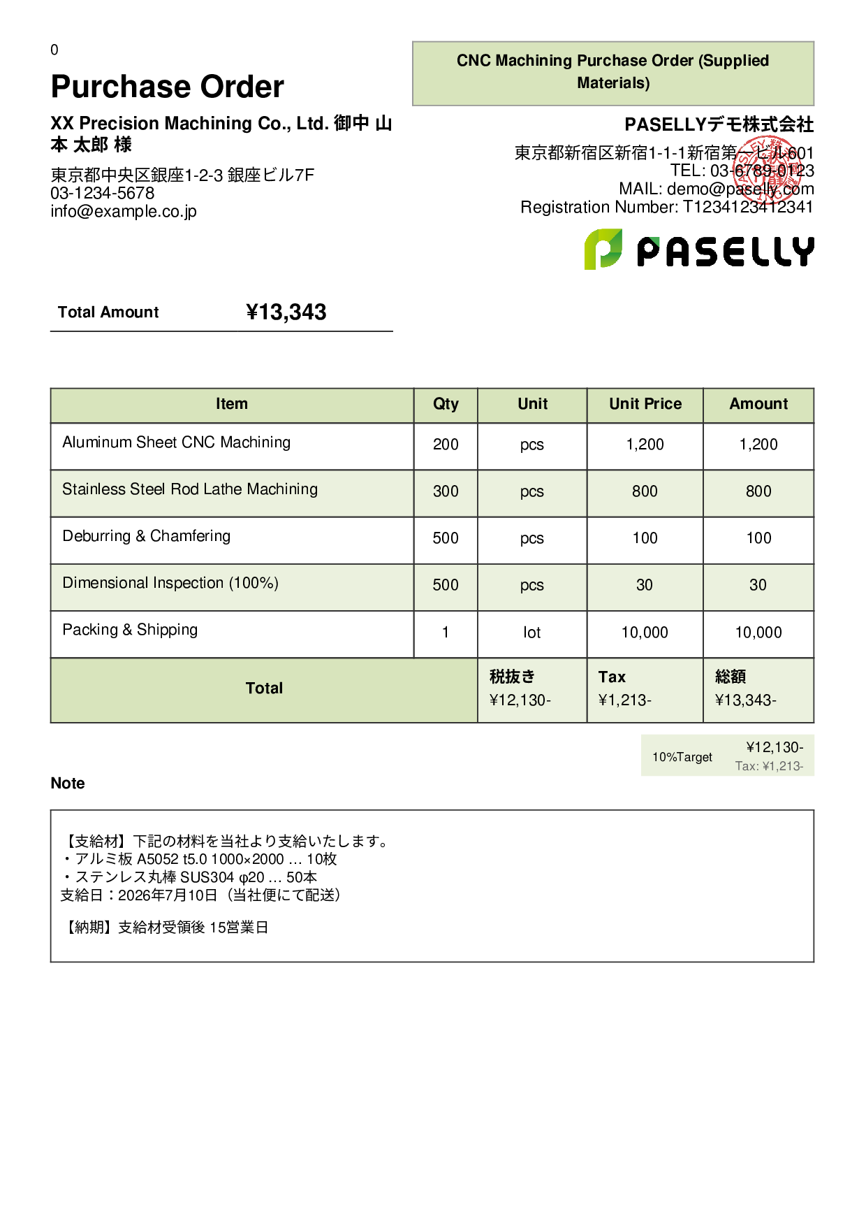 Purchase Order with Supplied Materials - Panel