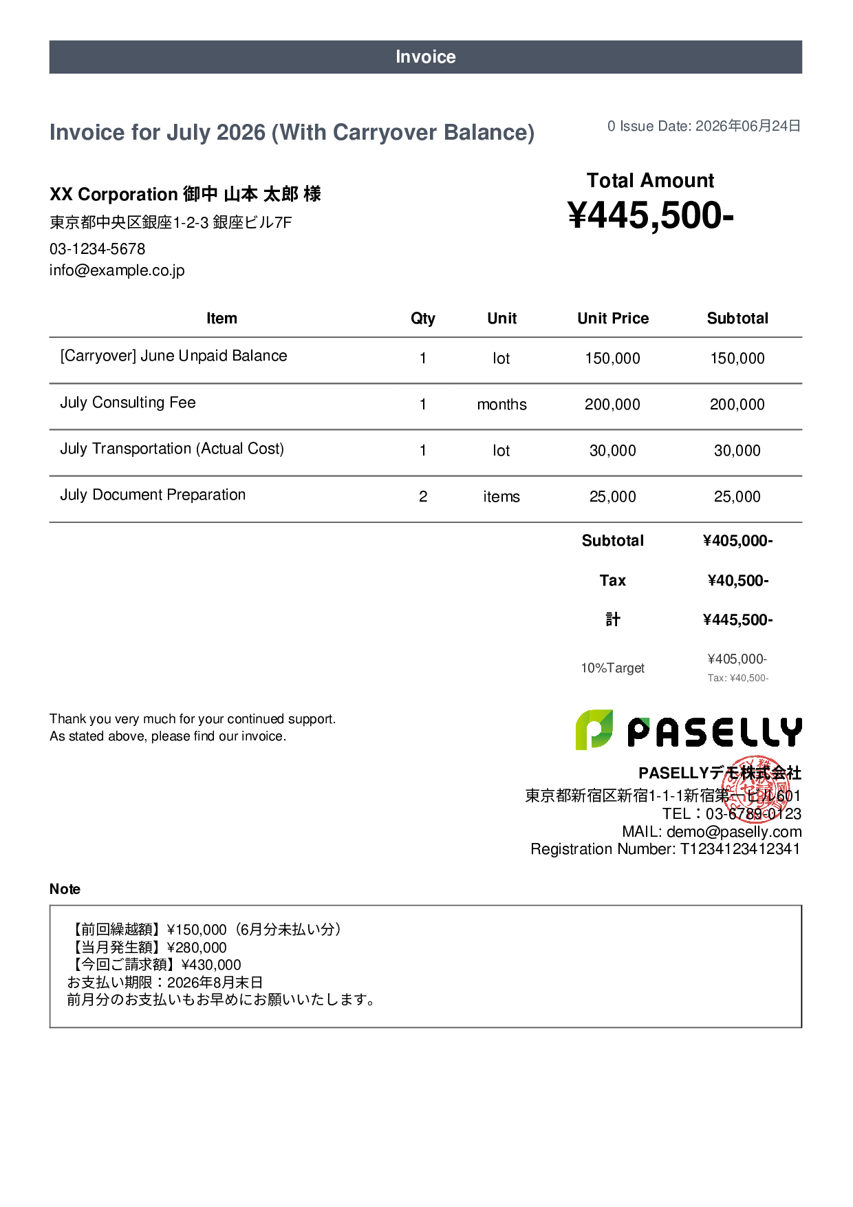 Invoice with Carried-Over Balance (Past Due)