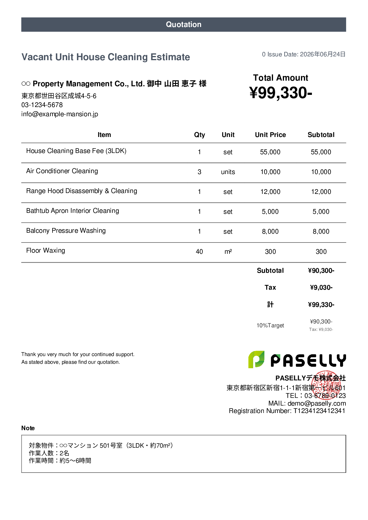 Apartment House Cleaning Estimate