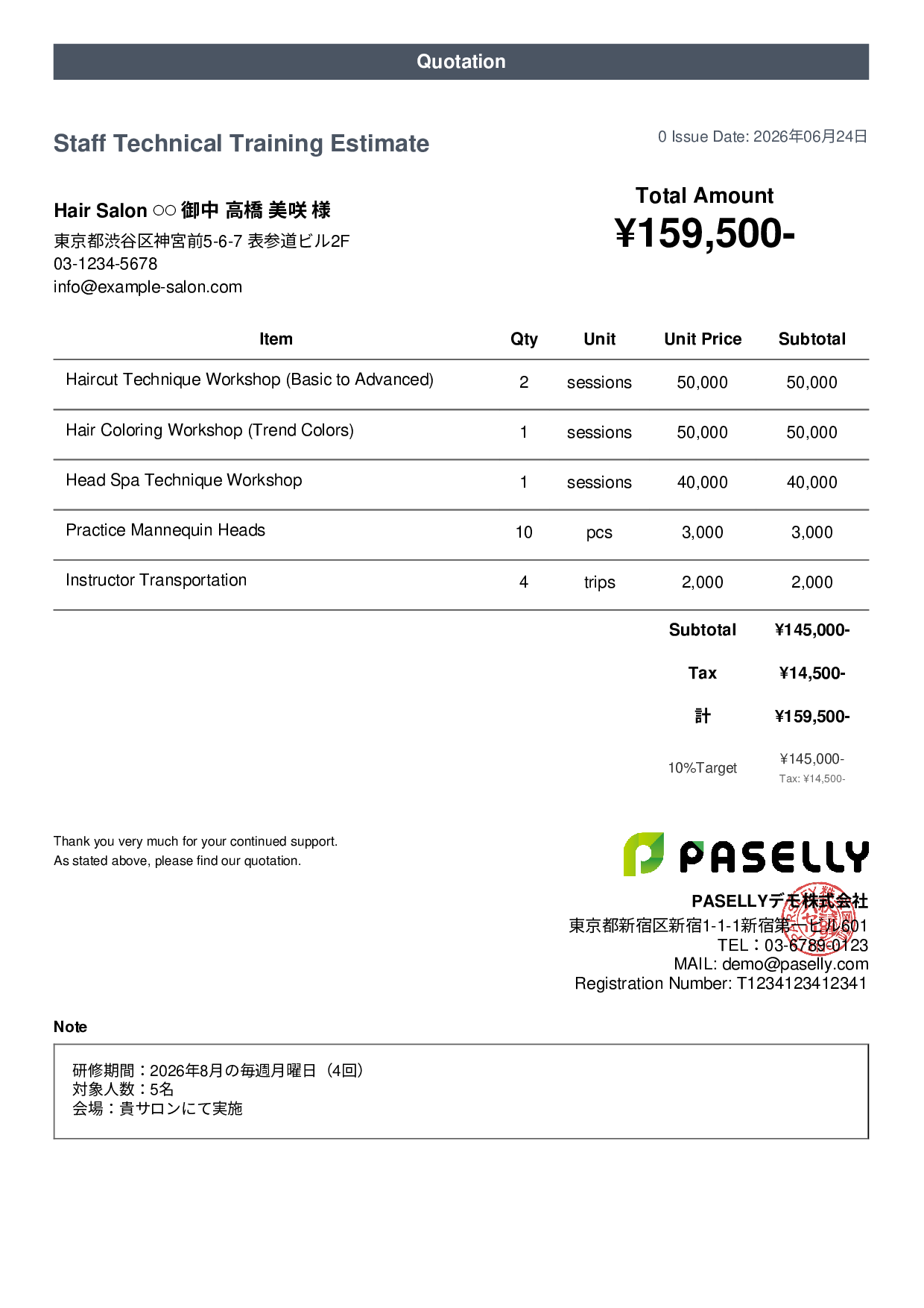 Hair Salon Staff Training Estimate - Casual