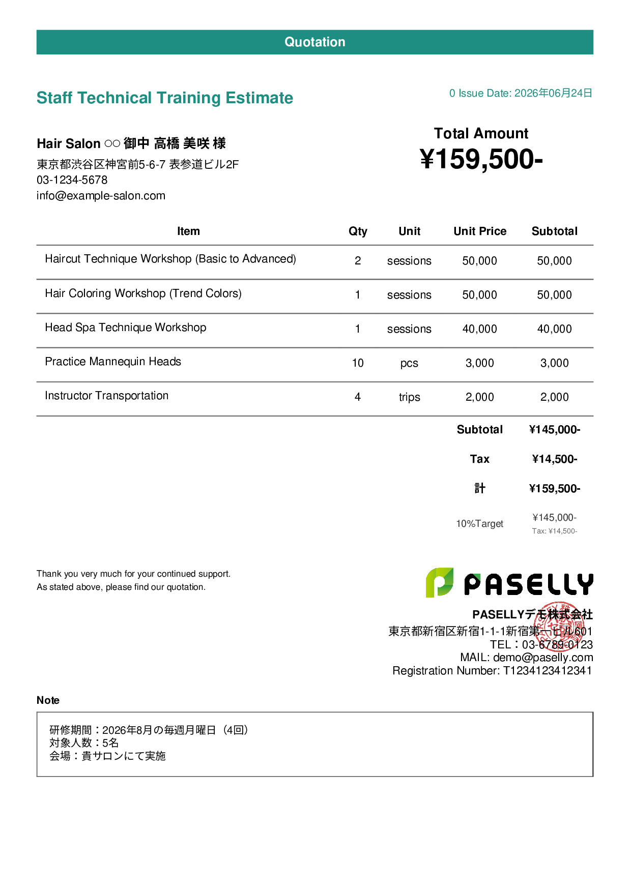 Hair Salon Staff Training Estimate - Casual