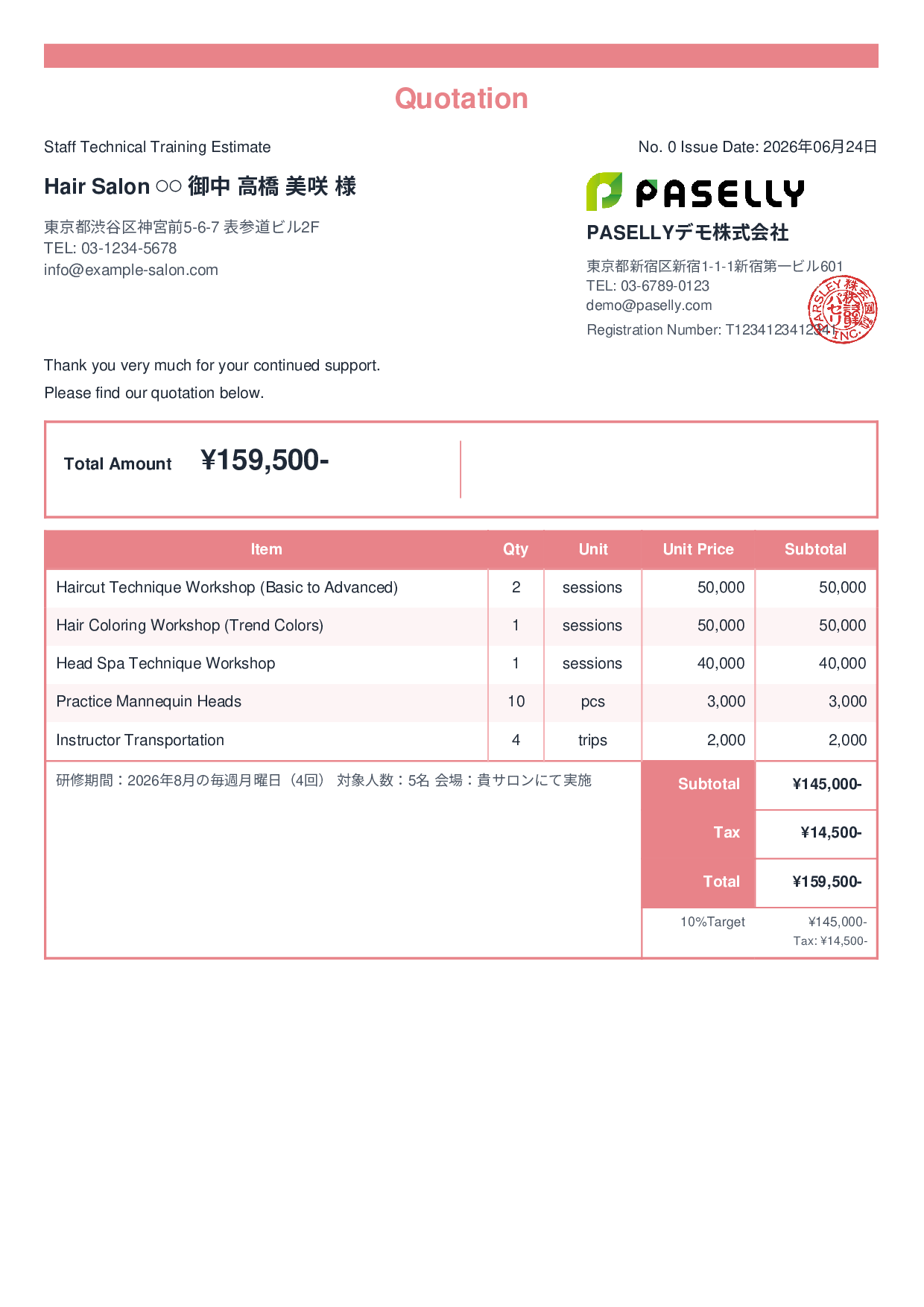 Hair Salon Staff Training Estimate - Standard 2