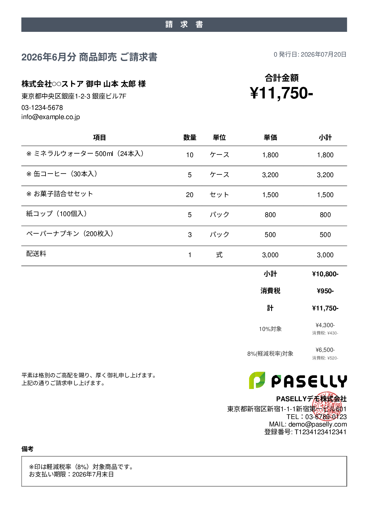 軽減税率（8%・10%混在）請求書 - カジュアル