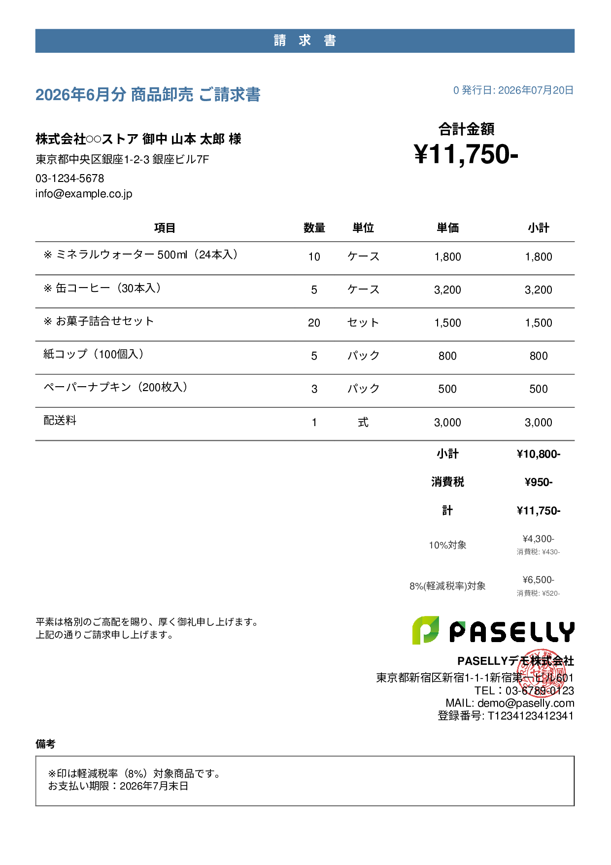 軽減税率（8%・10%混在）請求書 - カジュアル