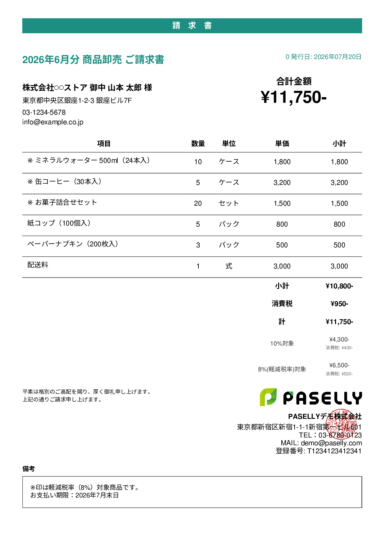 軽減税率（8%・10%混在）請求書 - カジュアル