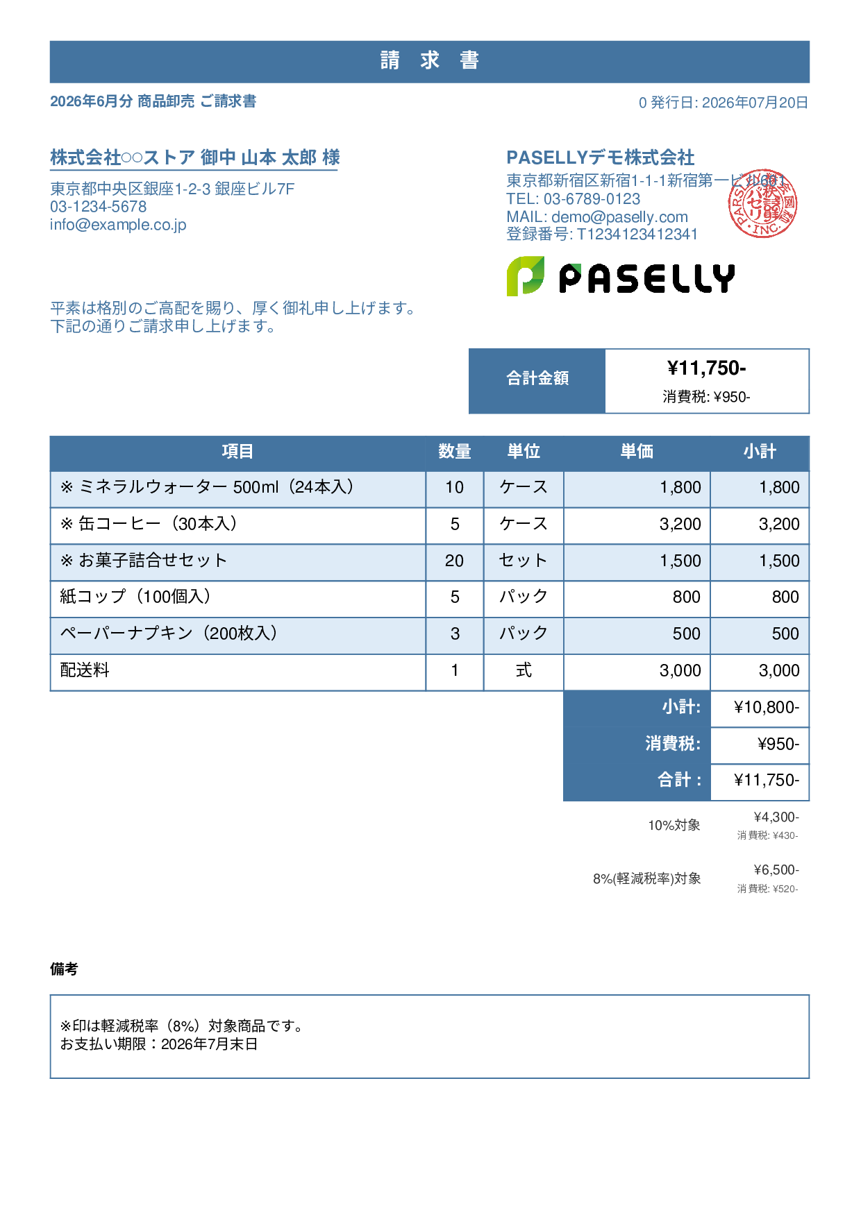 軽減税率（8%・10%混在）請求書 - スタンダード1