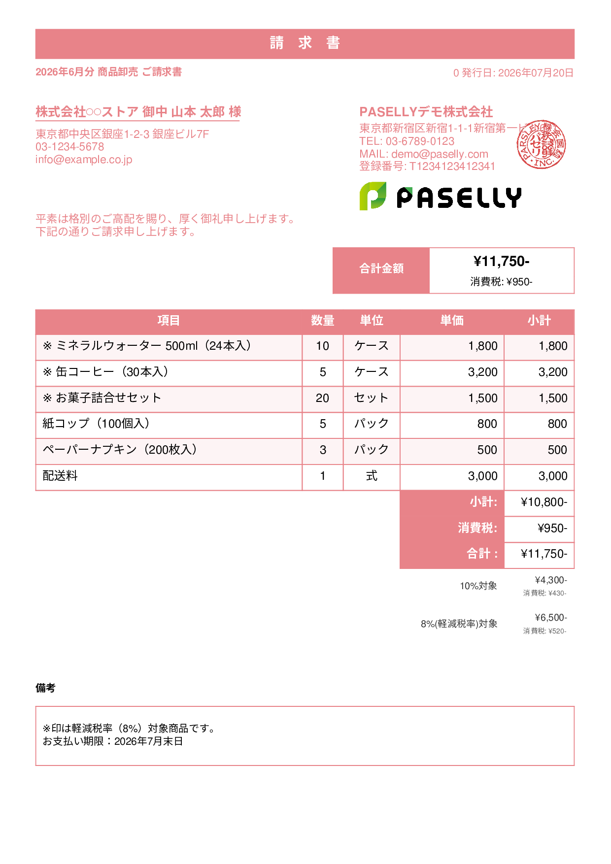 軽減税率（8%・10%混在）請求書 - スタンダード1