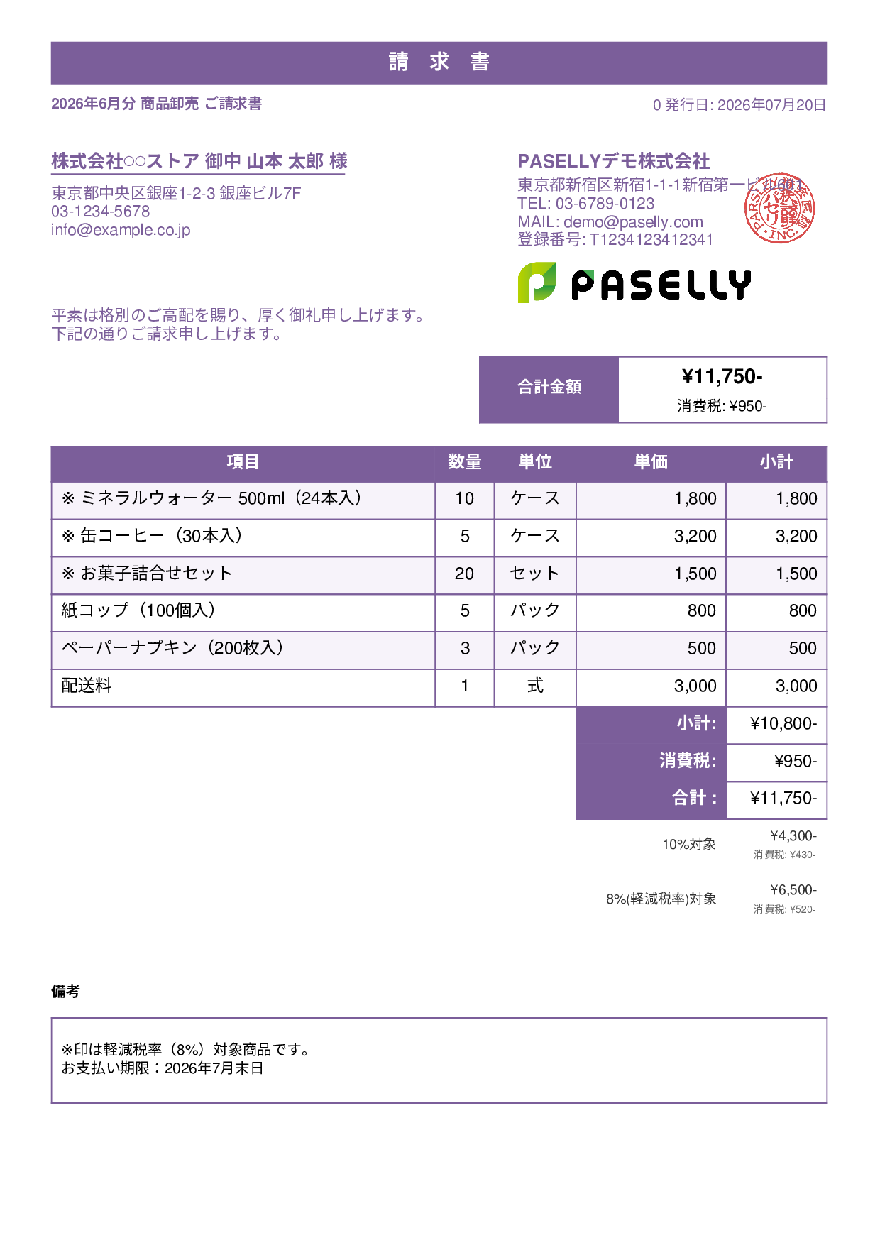 軽減税率（8%・10%混在）請求書 - スタンダード1