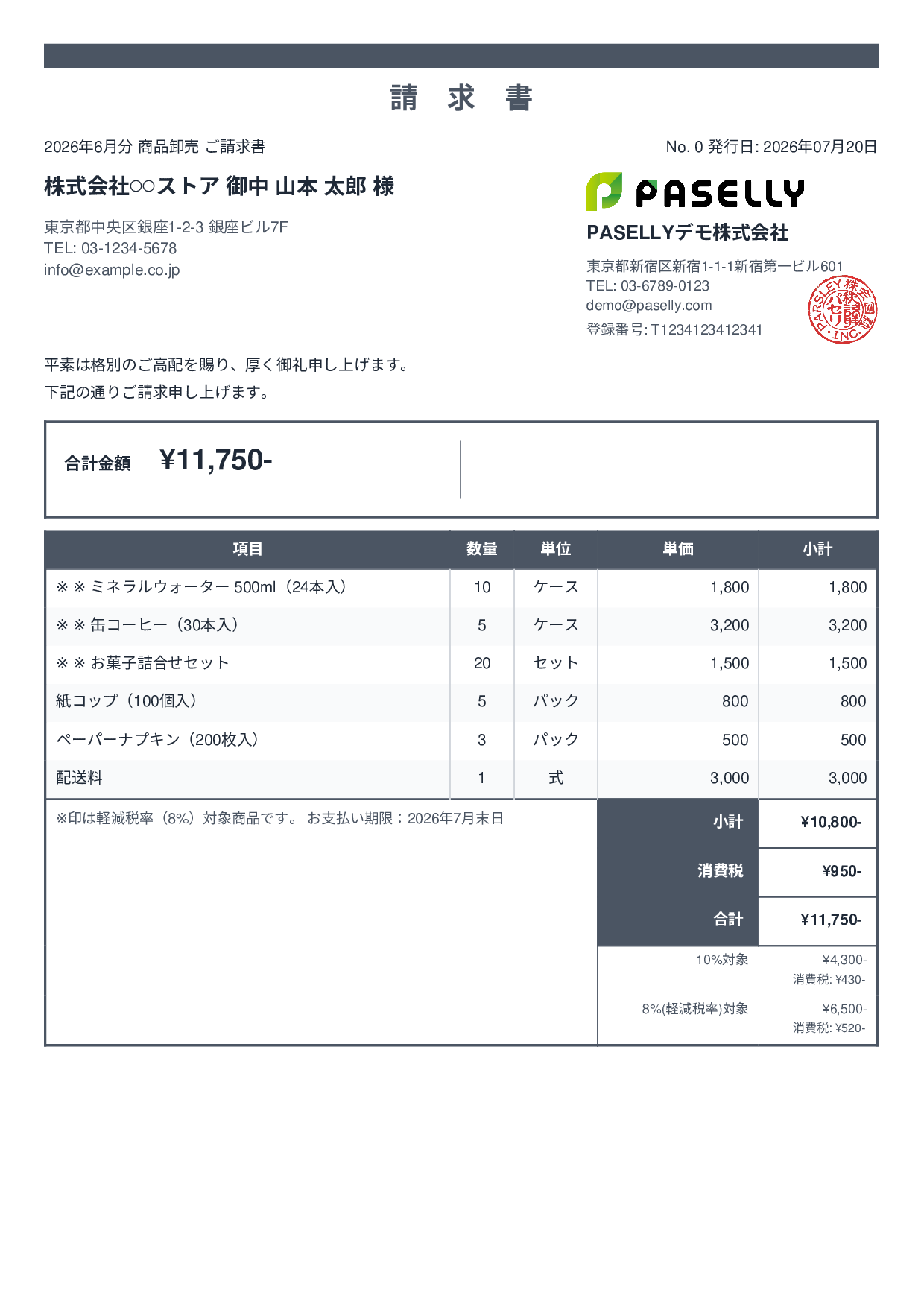 軽減税率（8%・10%混在）請求書 - スタンダード2