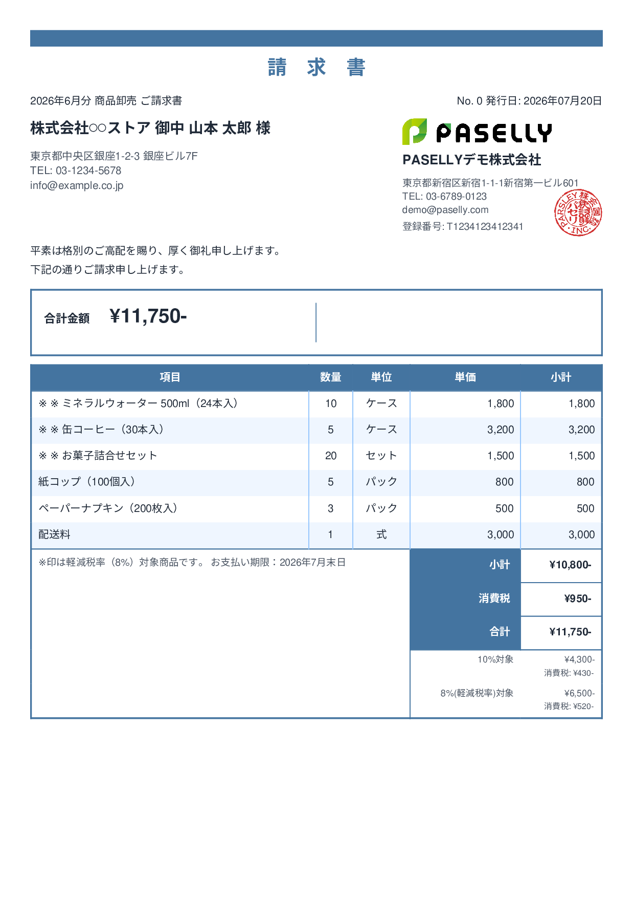 軽減税率（8%・10%混在）請求書 - スタンダード2