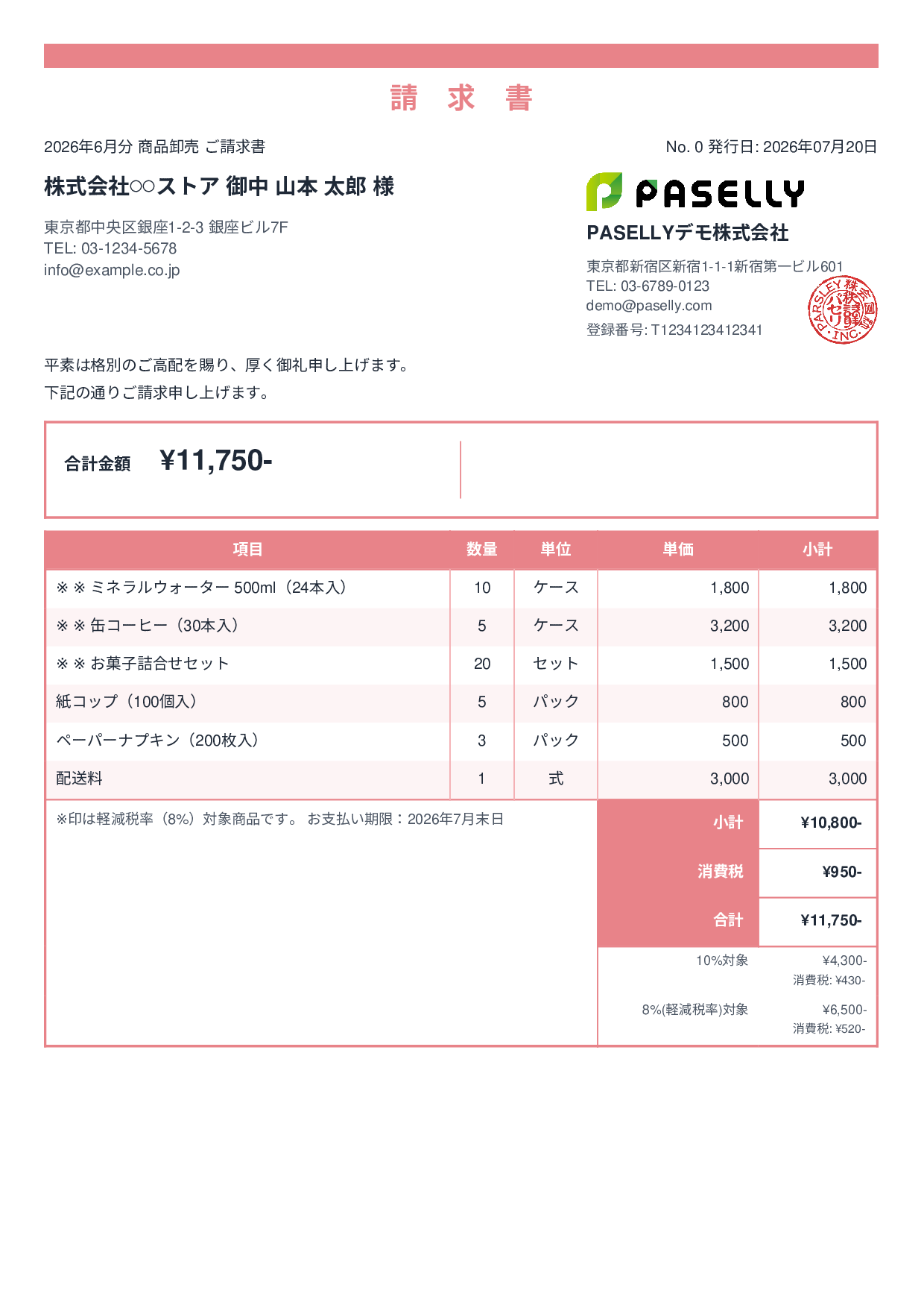 軽減税率（8%・10%混在）請求書 - スタンダード2