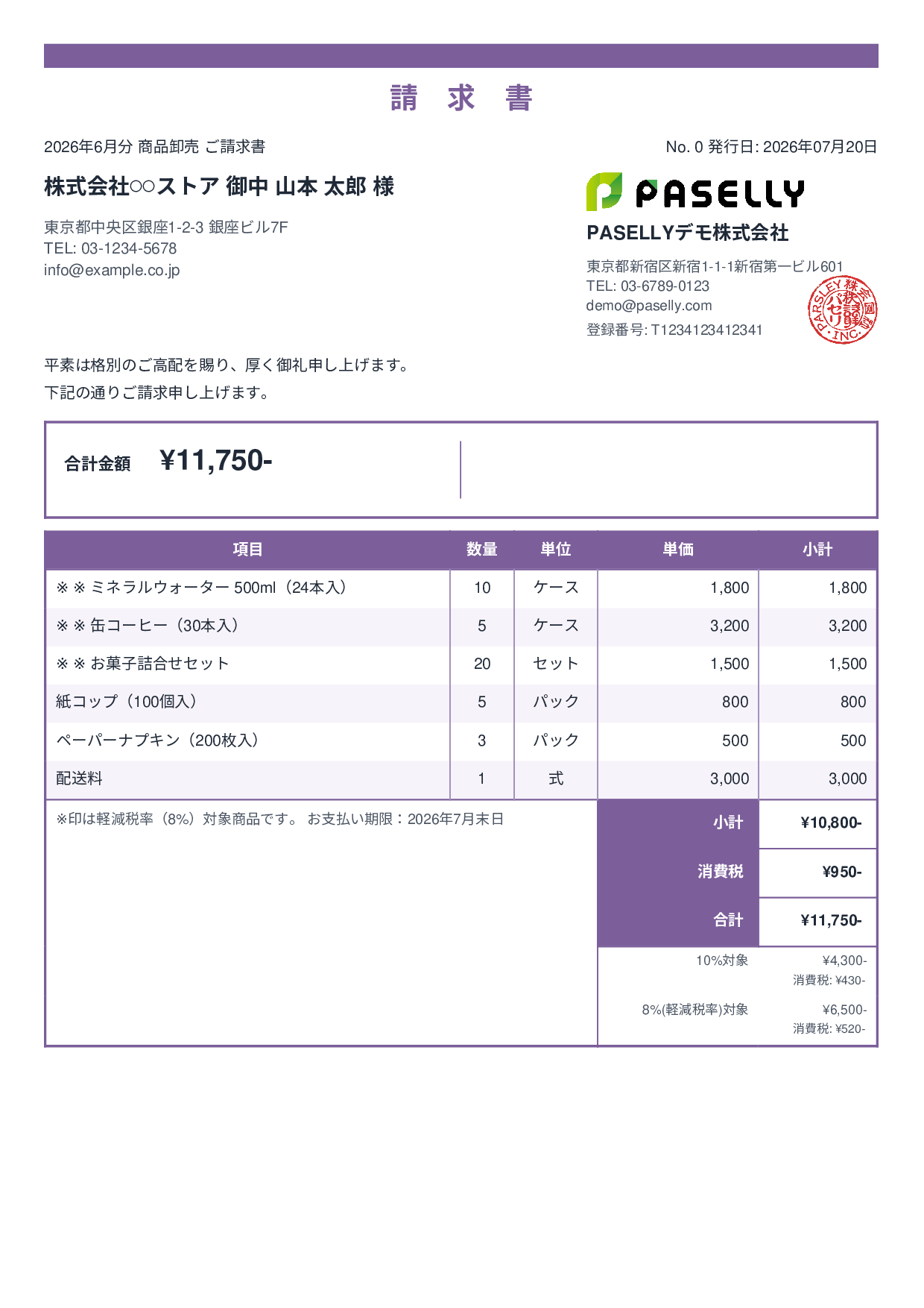 軽減税率（8%・10%混在）請求書 - スタンダード2