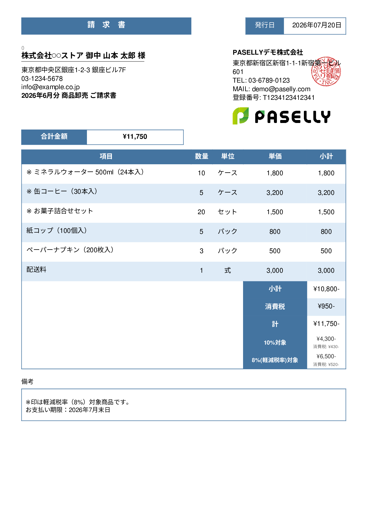 軽減税率（8%・10%混在）請求書 - スタンダード3