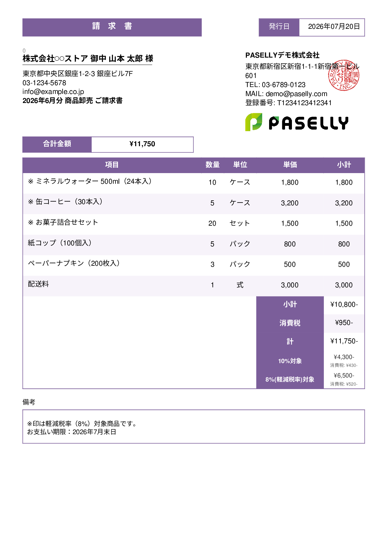 軽減税率（8%・10%混在）請求書 - スタンダード3