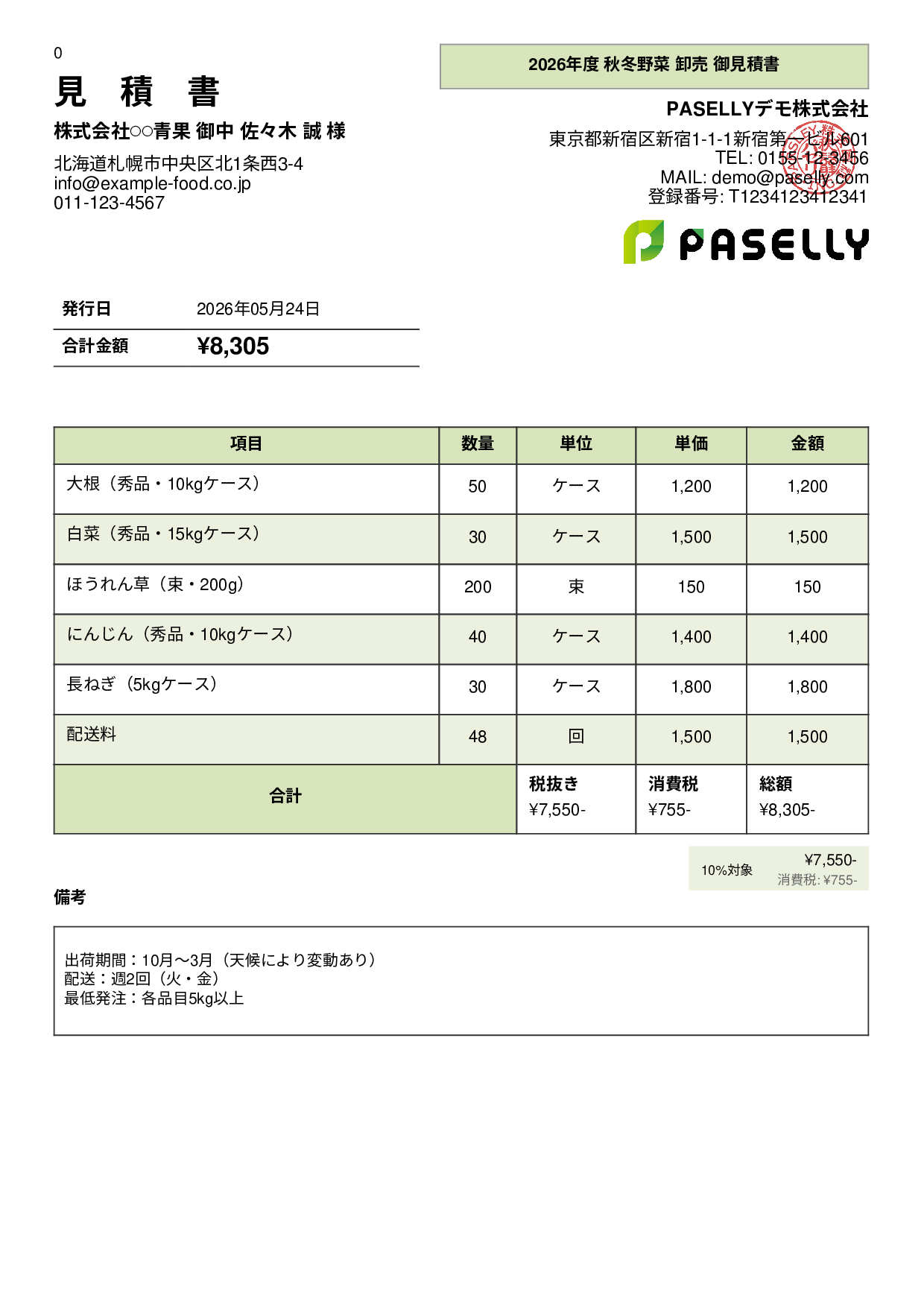 農産物 卸売見積書 - パネル