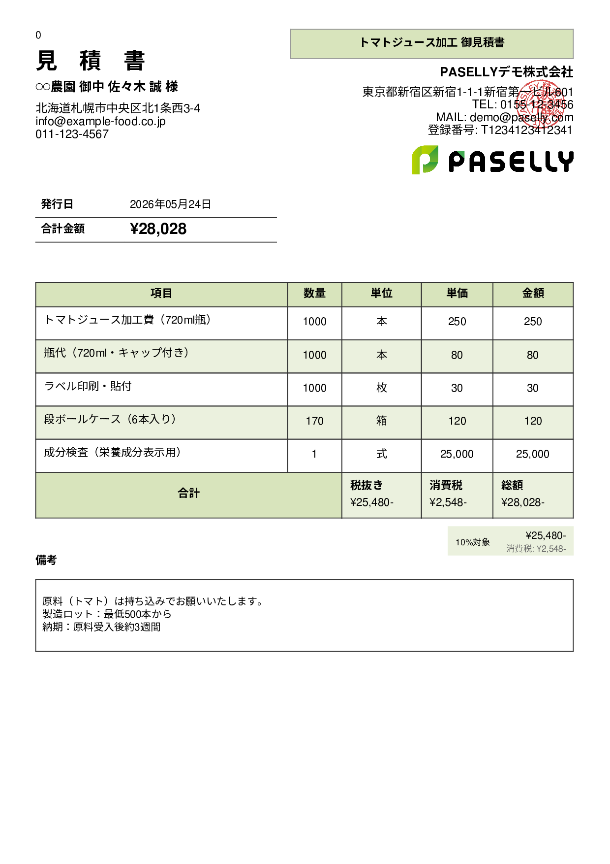 農産物加工 見積書 - パネル