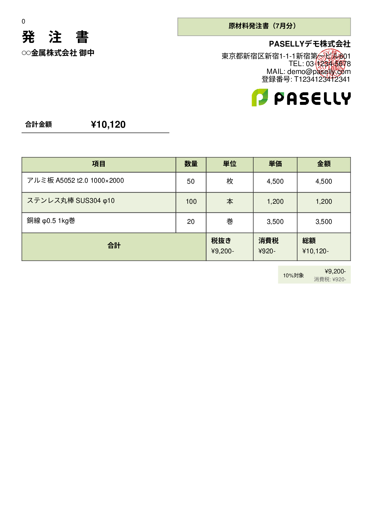 製造業 原材料発注書 - パネル