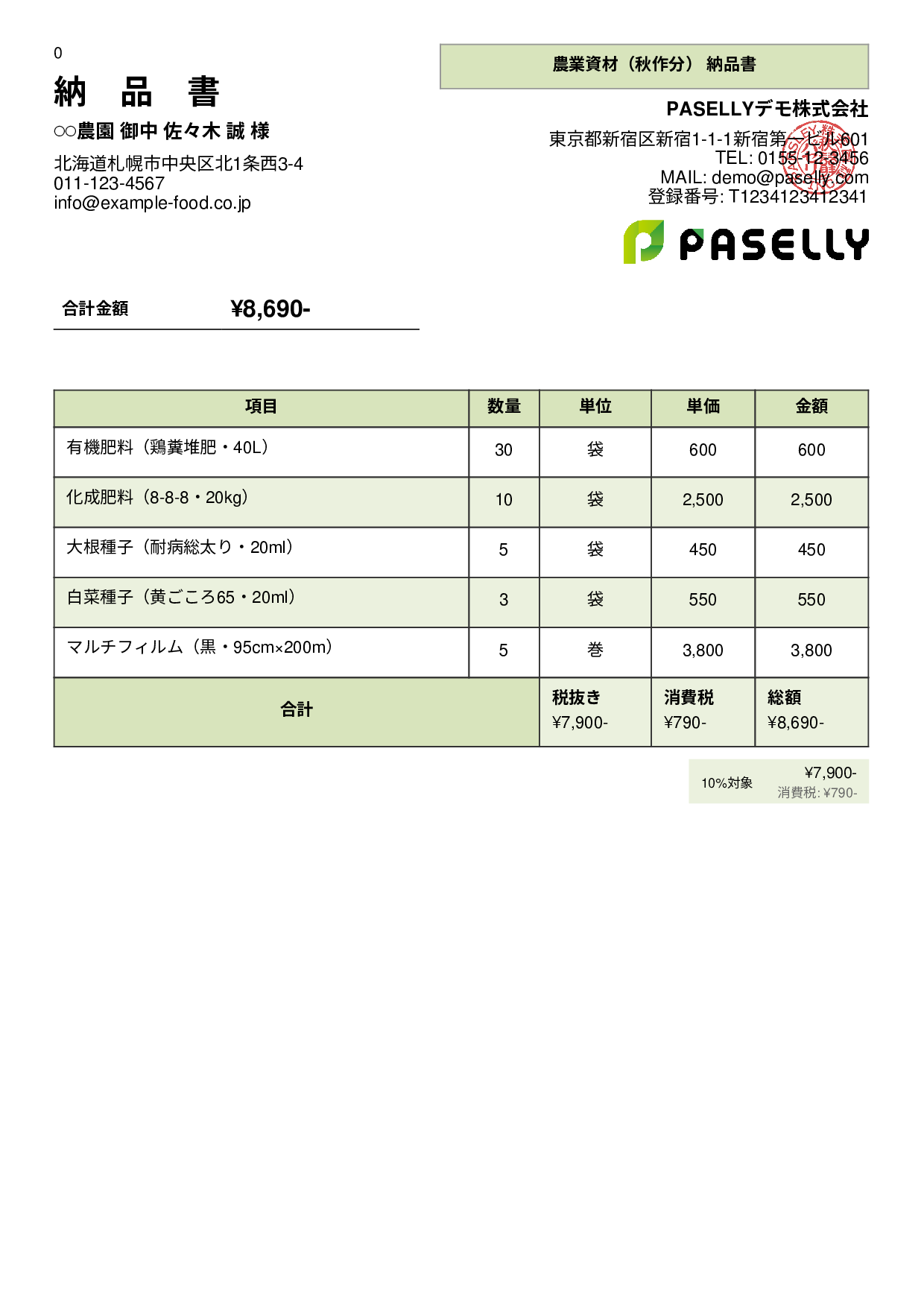 農業 資材納品書 - パネル