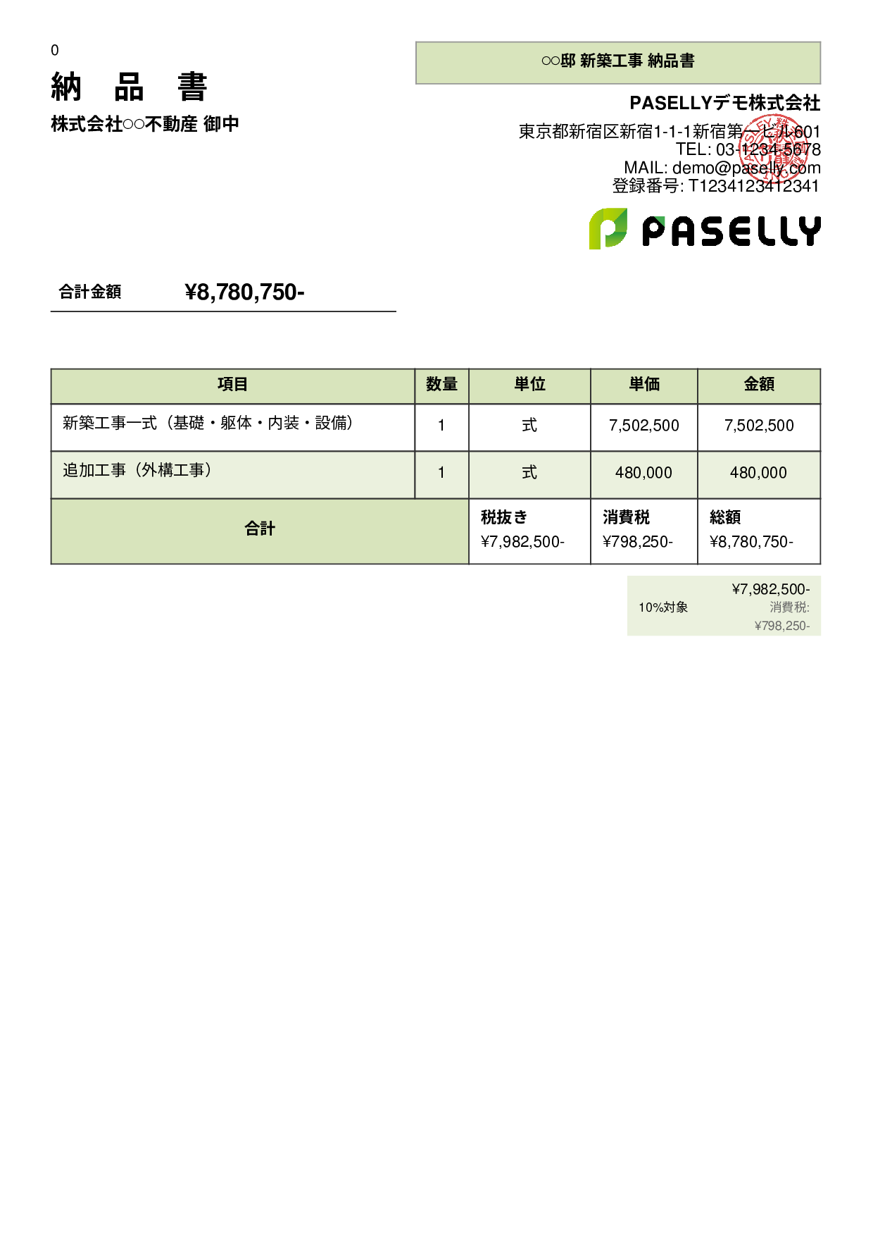 建設業 工事完了納品書 - パネル
