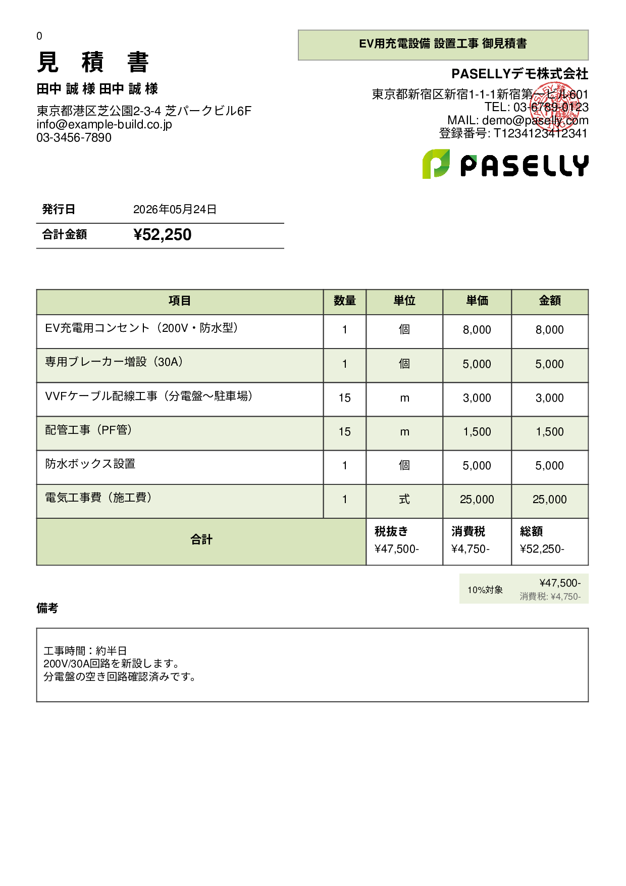 EV充電器 設置工事見積書 - パネル