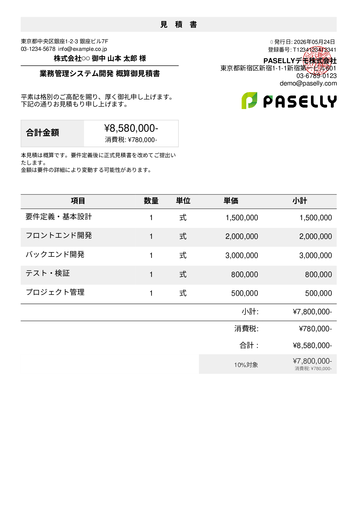値引きありの見積書テンプレート例｜値引きの書き方サンプル | PASELLY