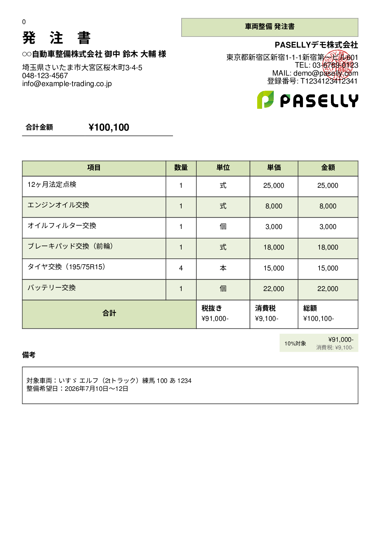 運送業 車両整備発注書 - パネル