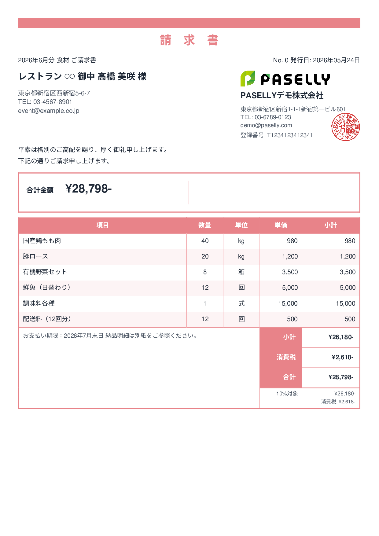 飲食業 食材仕入れ請求書 - スタンダード2