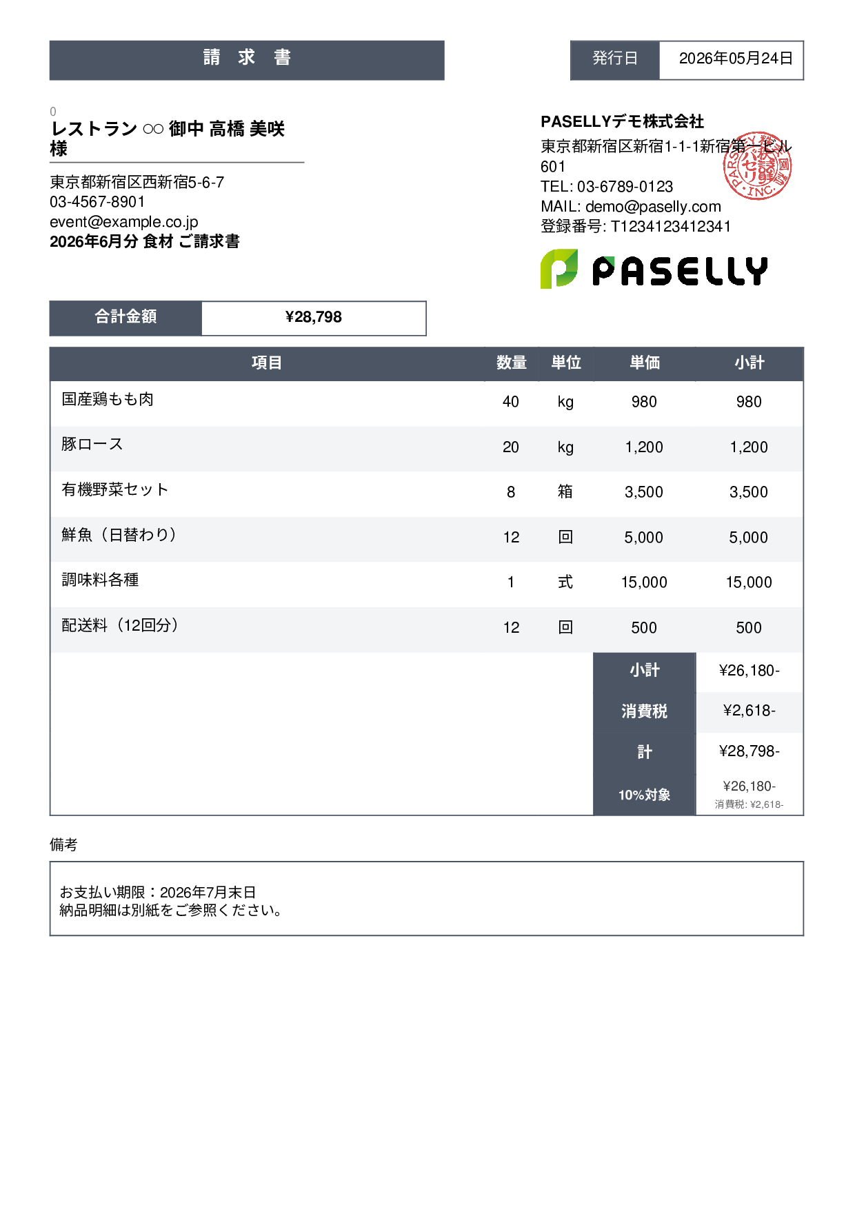 飲食業 食材仕入れ請求書 - スタンダード3