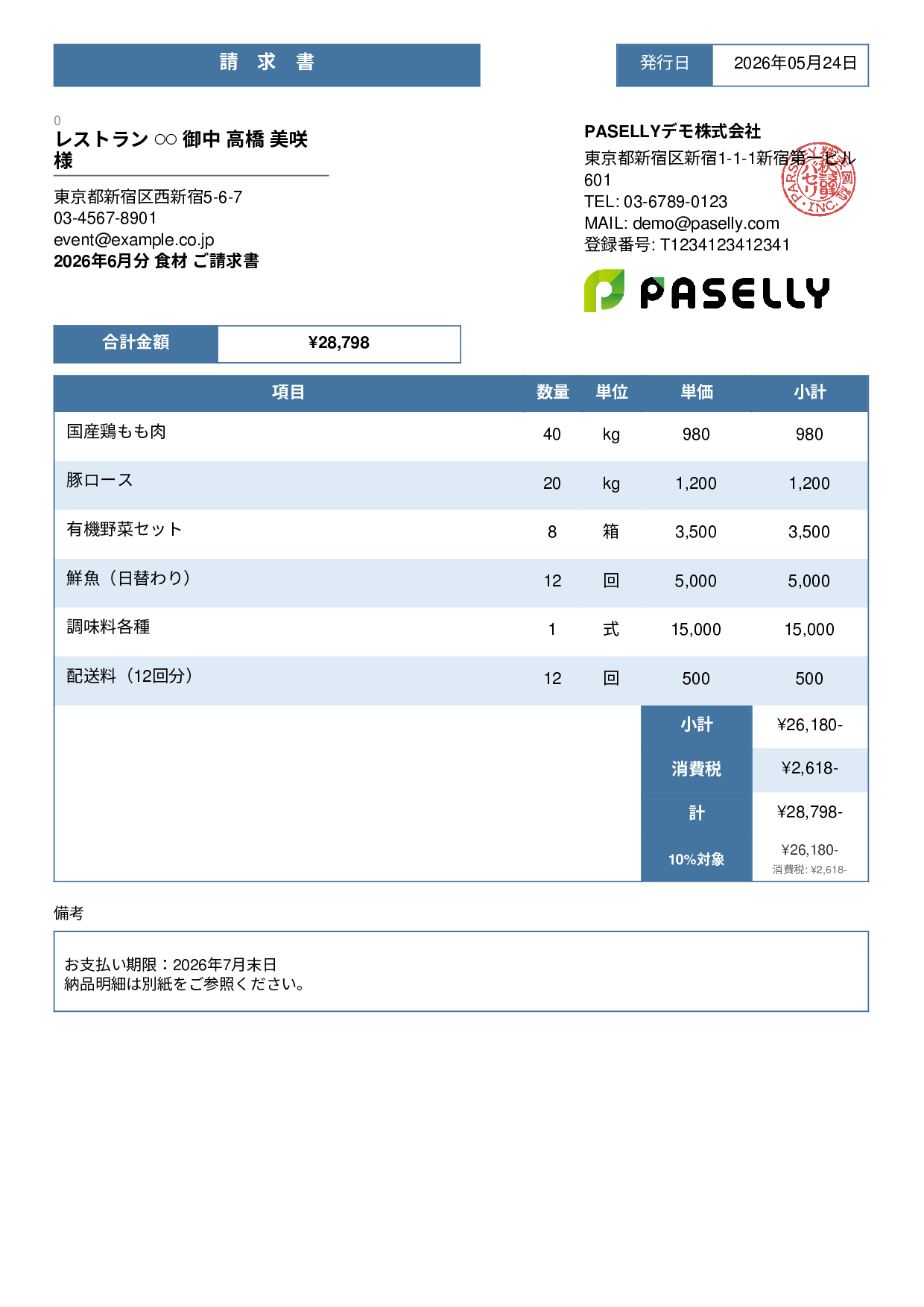 飲食業 食材仕入れ請求書 - スタンダード3