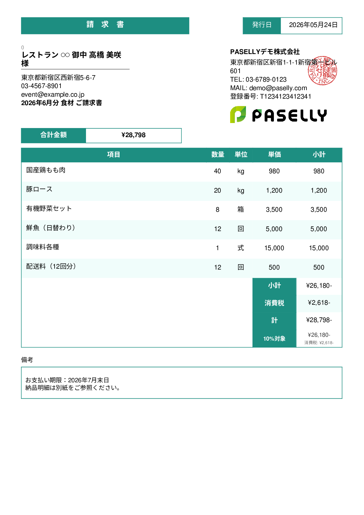 飲食業 食材仕入れ請求書 - スタンダード3