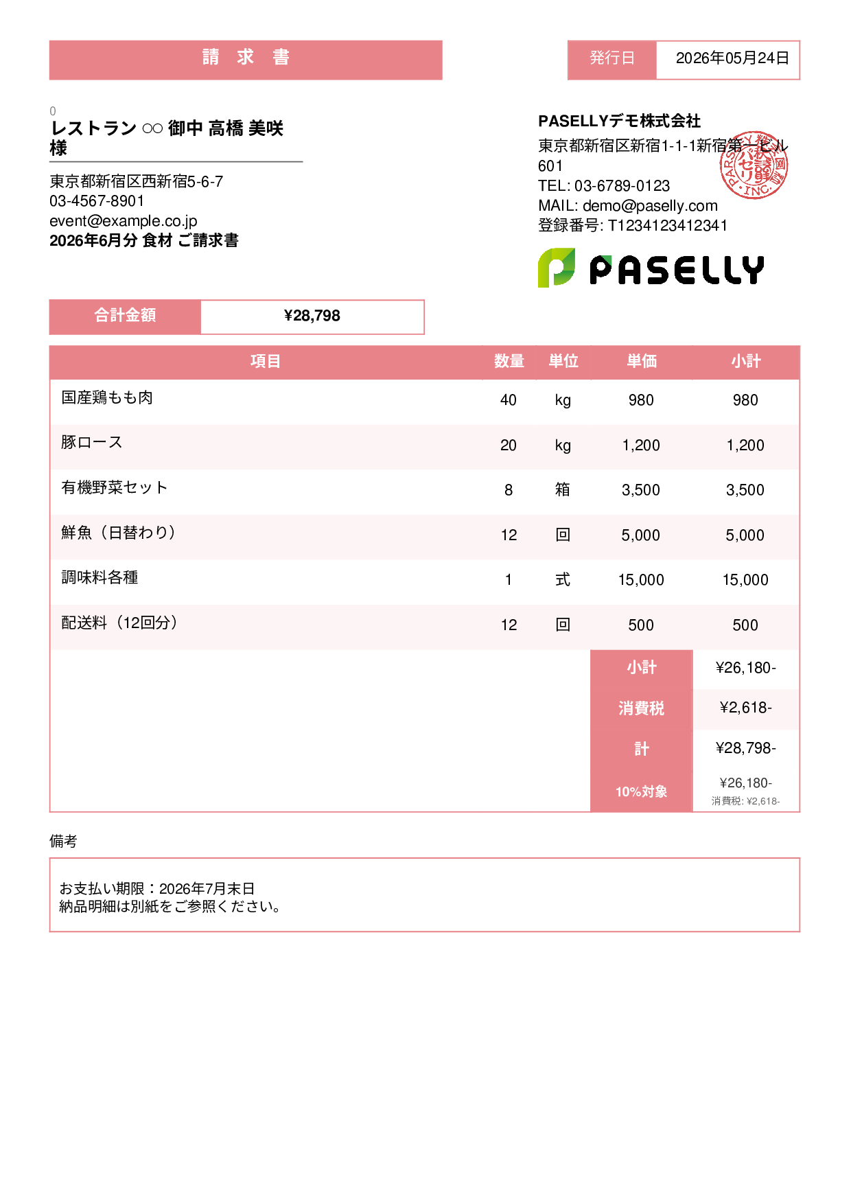 飲食業 食材仕入れ請求書 - スタンダード3