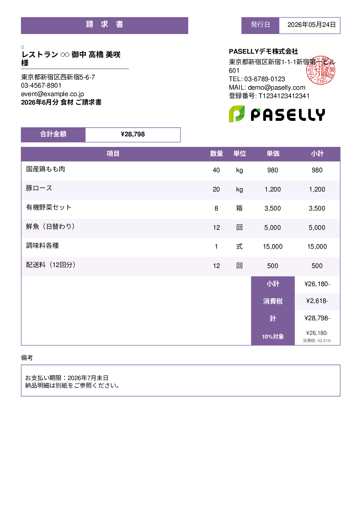 飲食業 食材仕入れ請求書 - スタンダード3