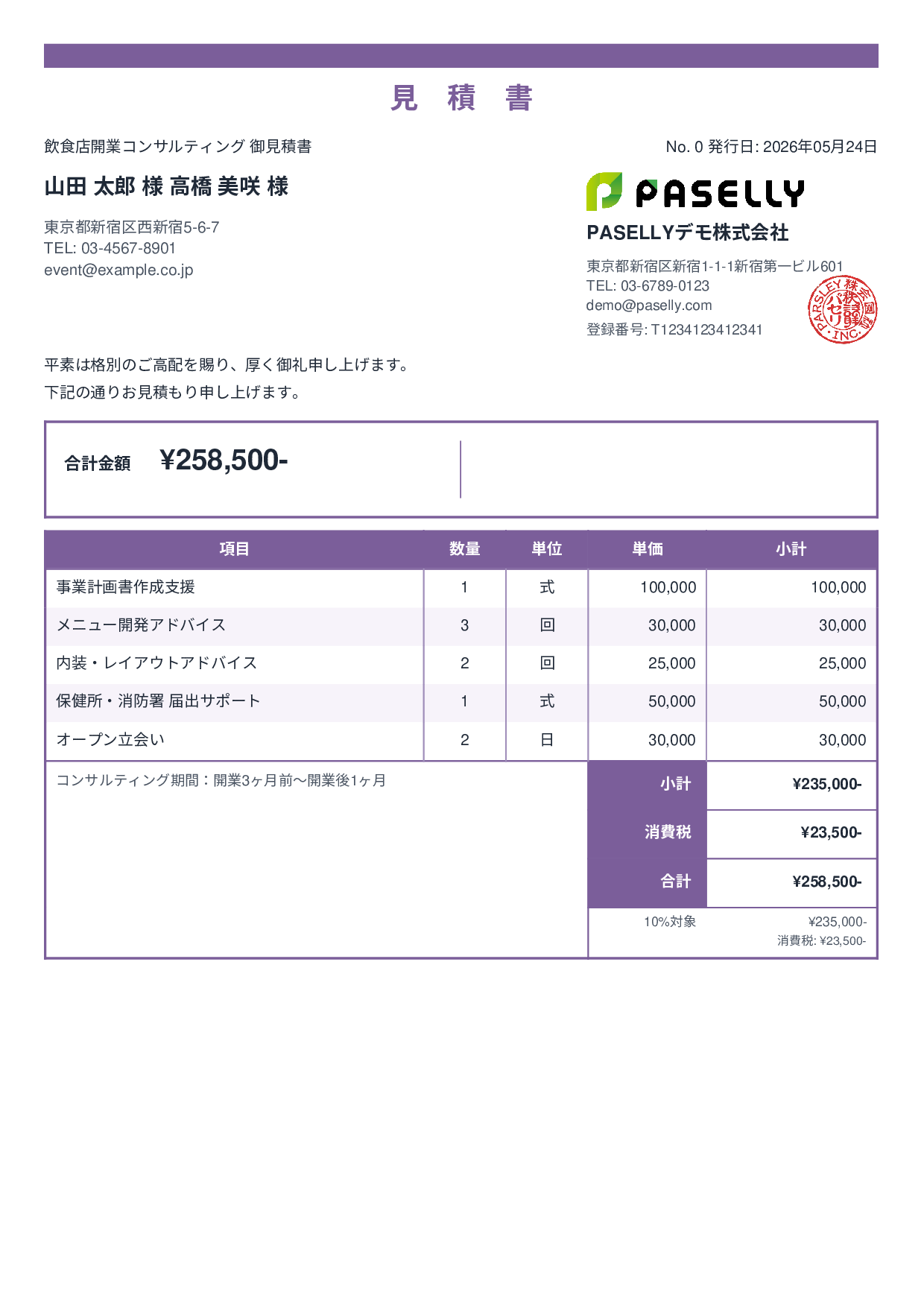 飲食業 開業コンサルティング見積書 - スタンダード2