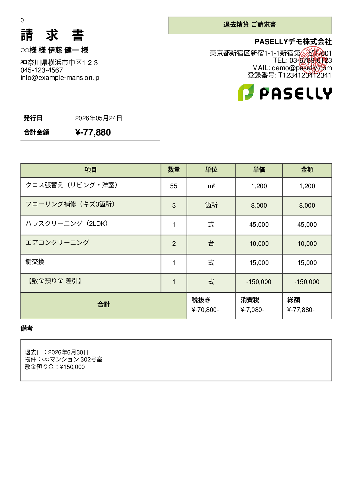 不動産 退去精算請求書 - パネル