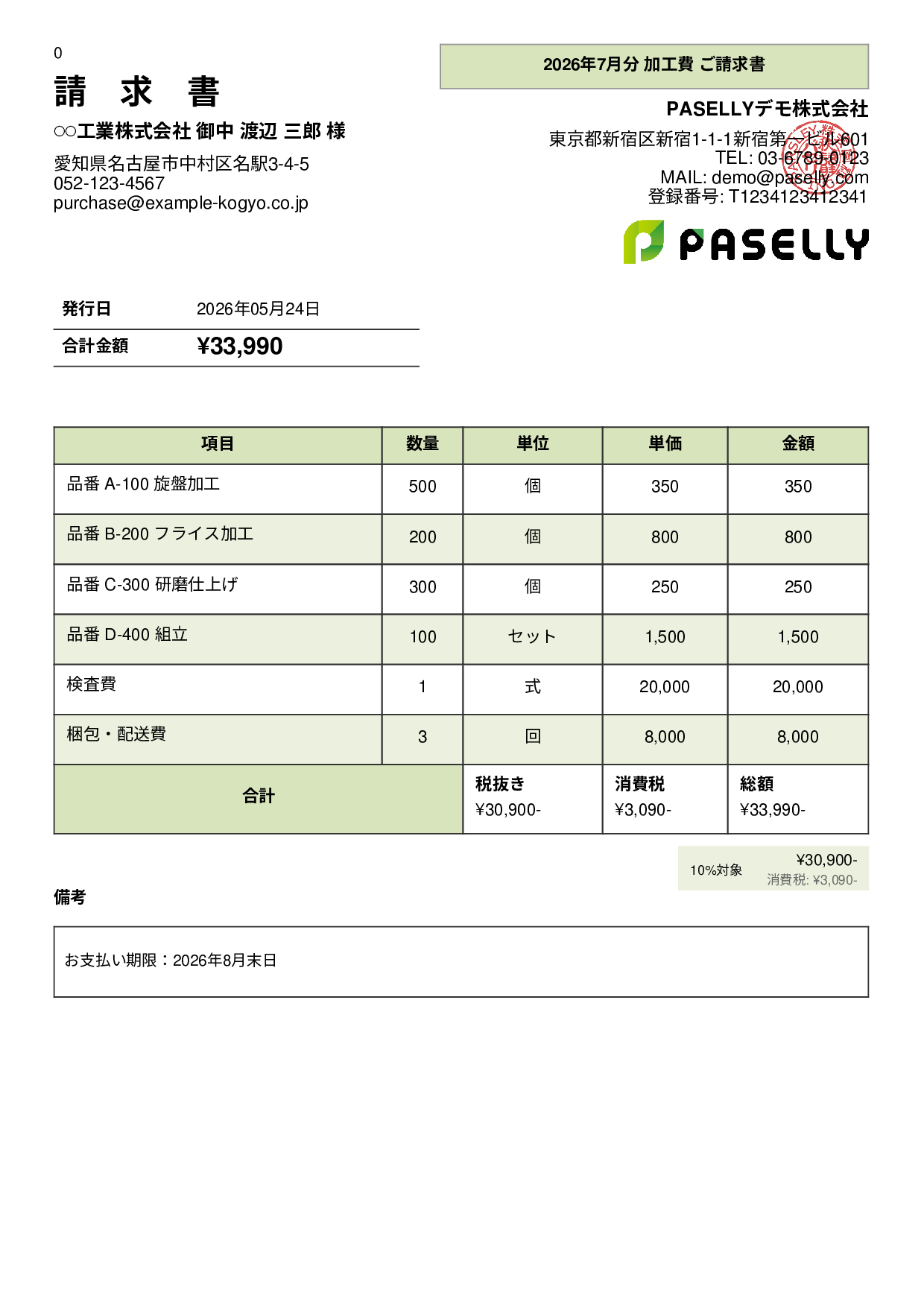製造業 月次加工請求書 - パネル