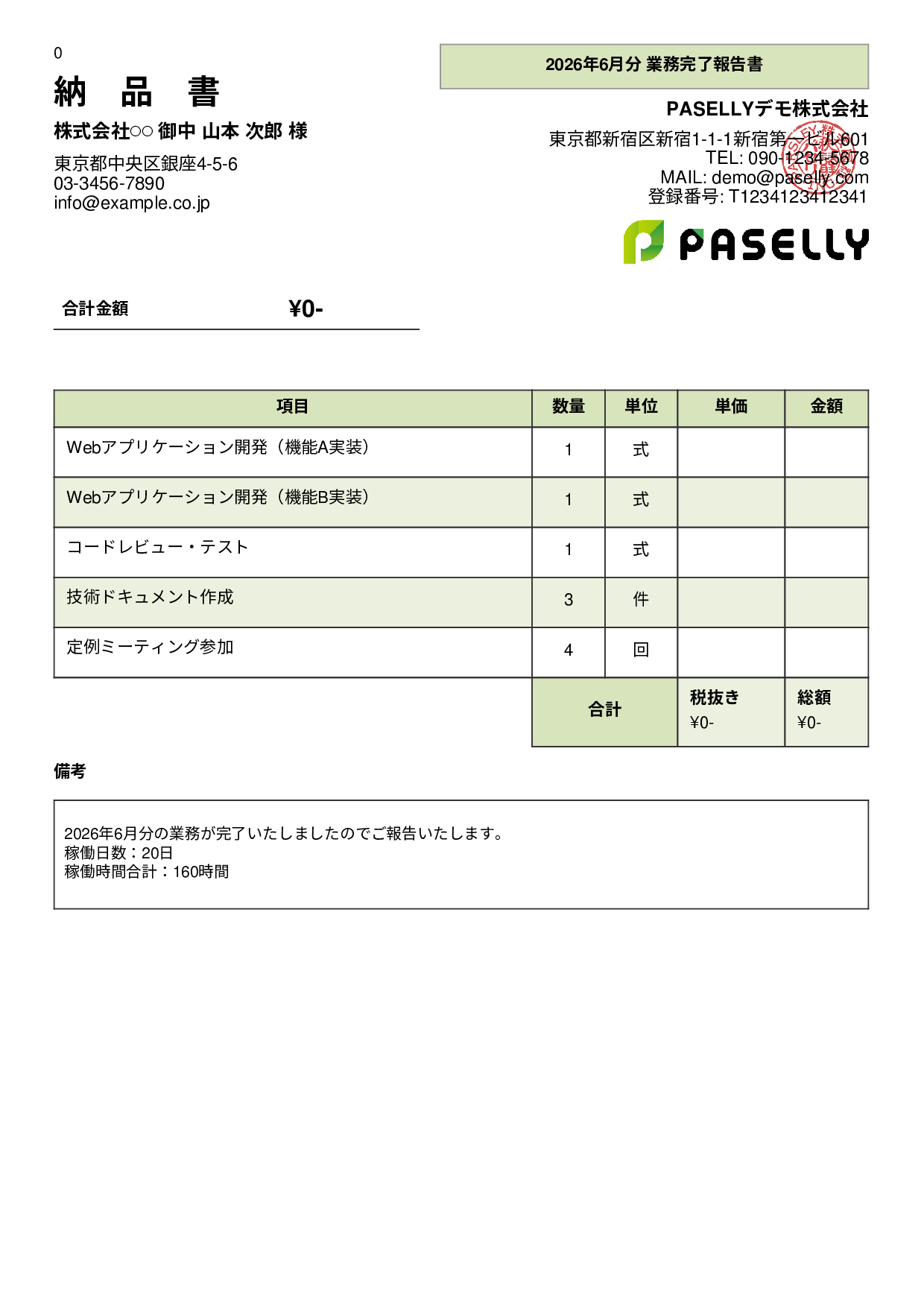フリーランス 業務完了報告書（納品書） - パネル