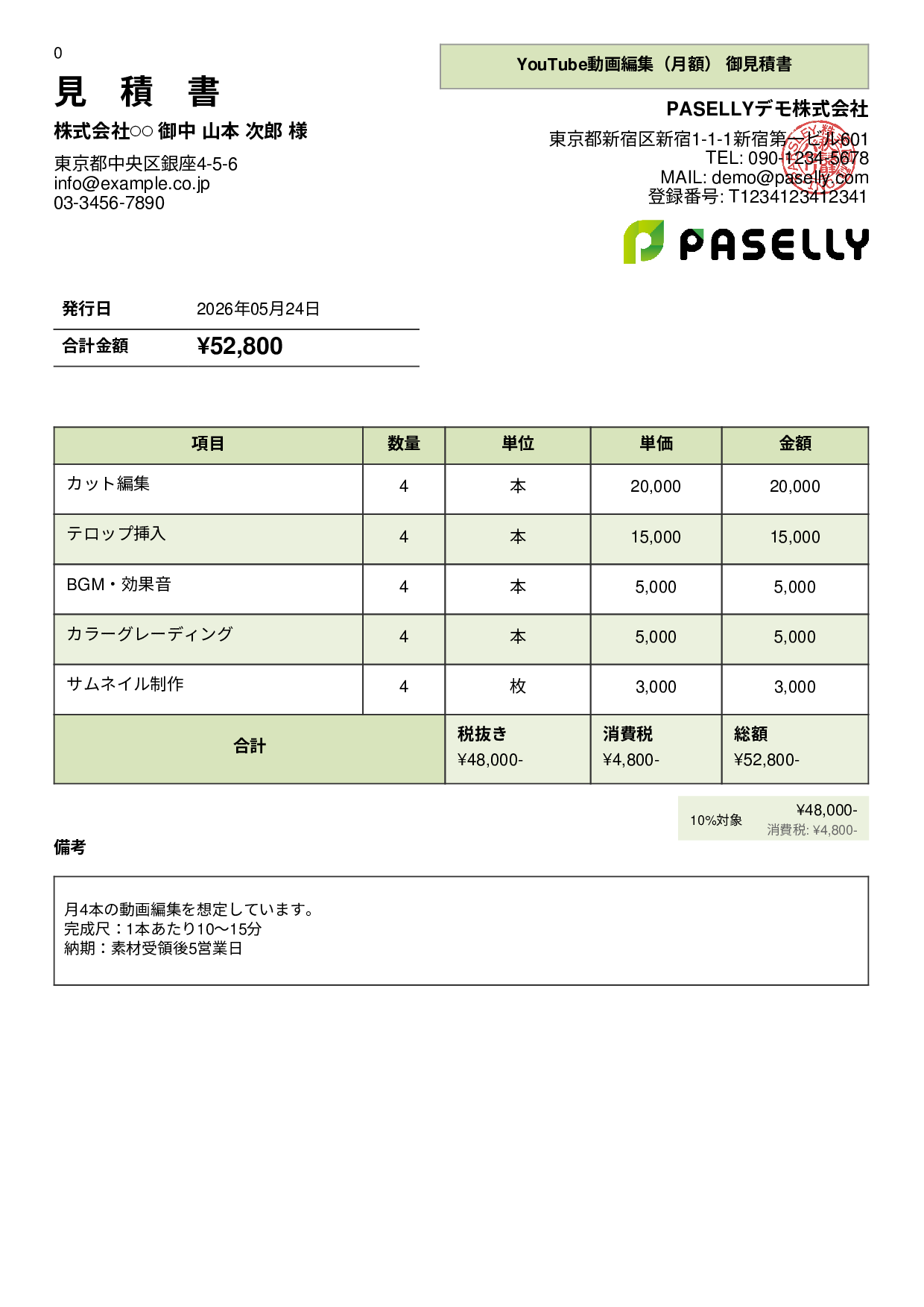 フリーランス 動画編集見積書 - パネル
