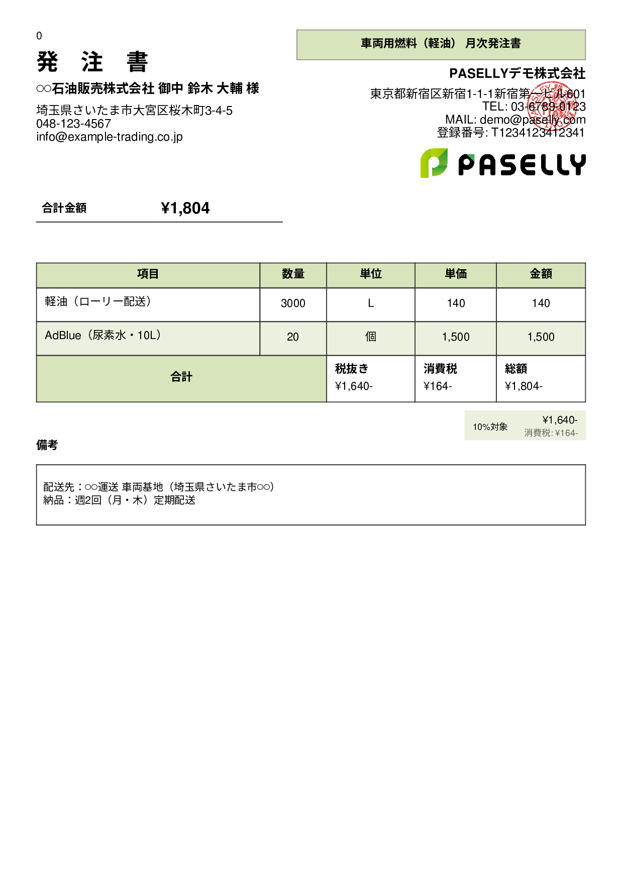 運送業 燃料発注書 - パネル